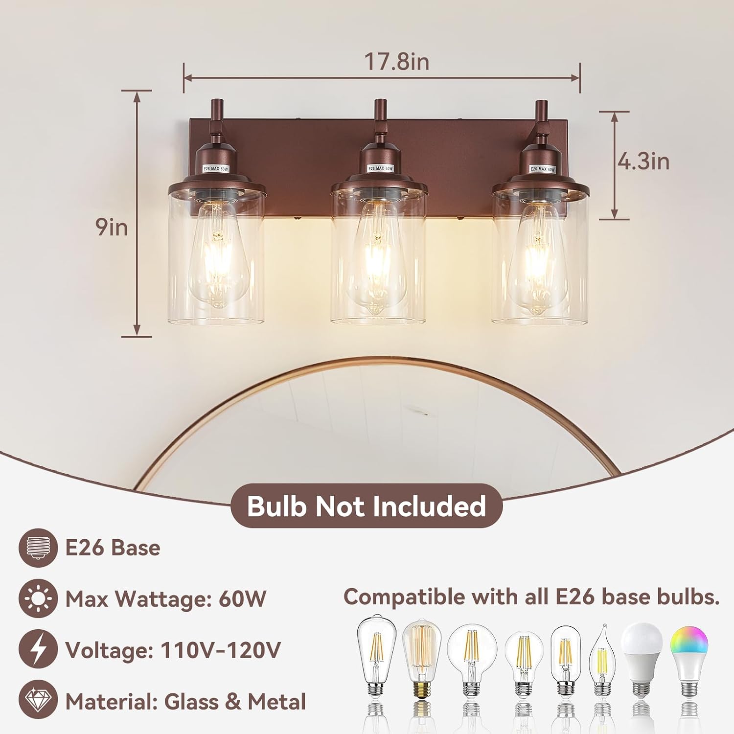 Lanhall 3-Light Bronze Bathroom Light Fixtures Over Mirror,Modern Bathroom Vanity Light with Clear Glass Shade, Wall Sconce for Bathroom Hallway Cabinet Bedroom Kitchen Living Room Foyer E26 Base