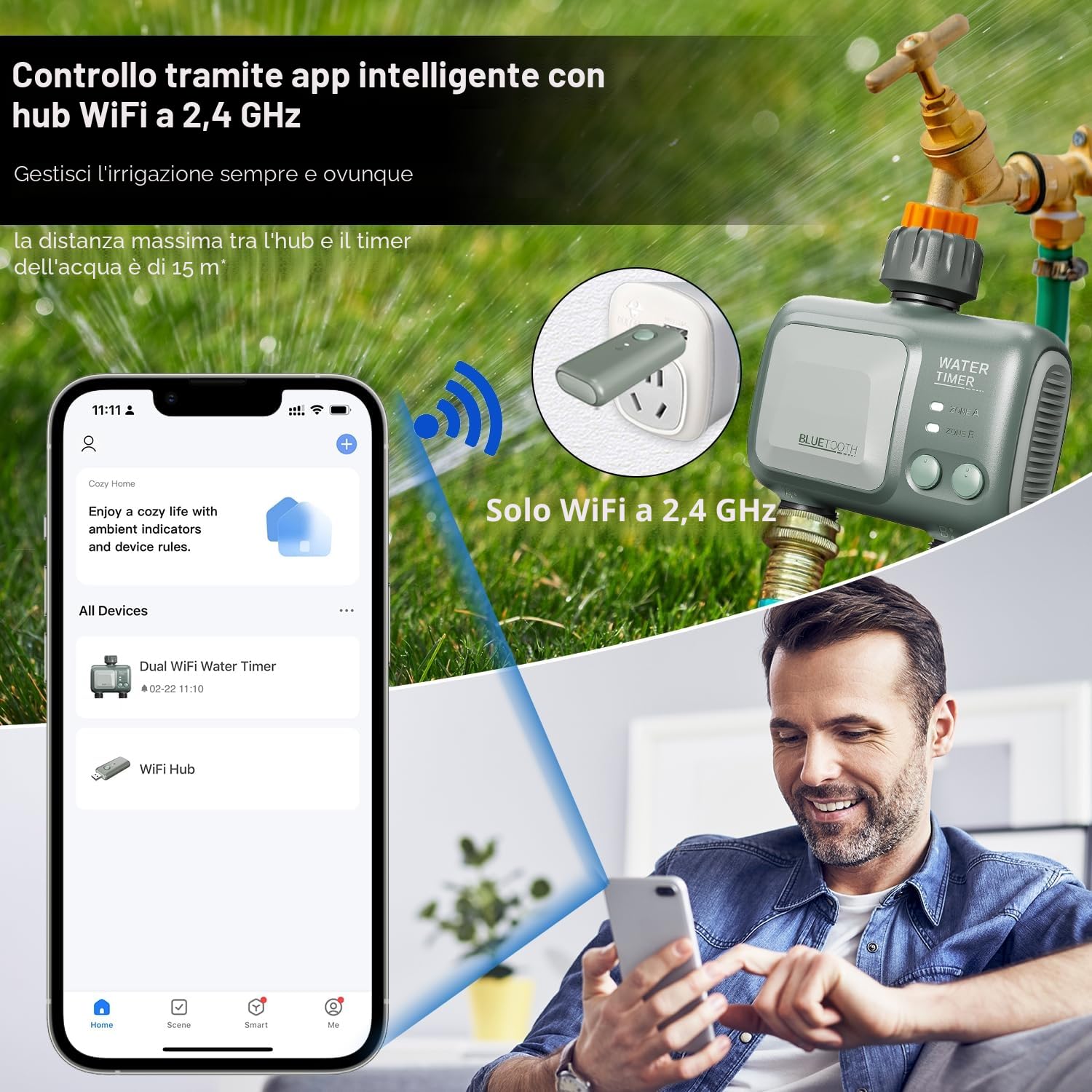 Timer Irrigazione 2 vie WiFi, johgee Centralina Irrigazione WiFi, Programmatore Irrigazione intelligente con controllo APP e meteo connesso, timer di irrigazione programmabile e irrigazione a distanza