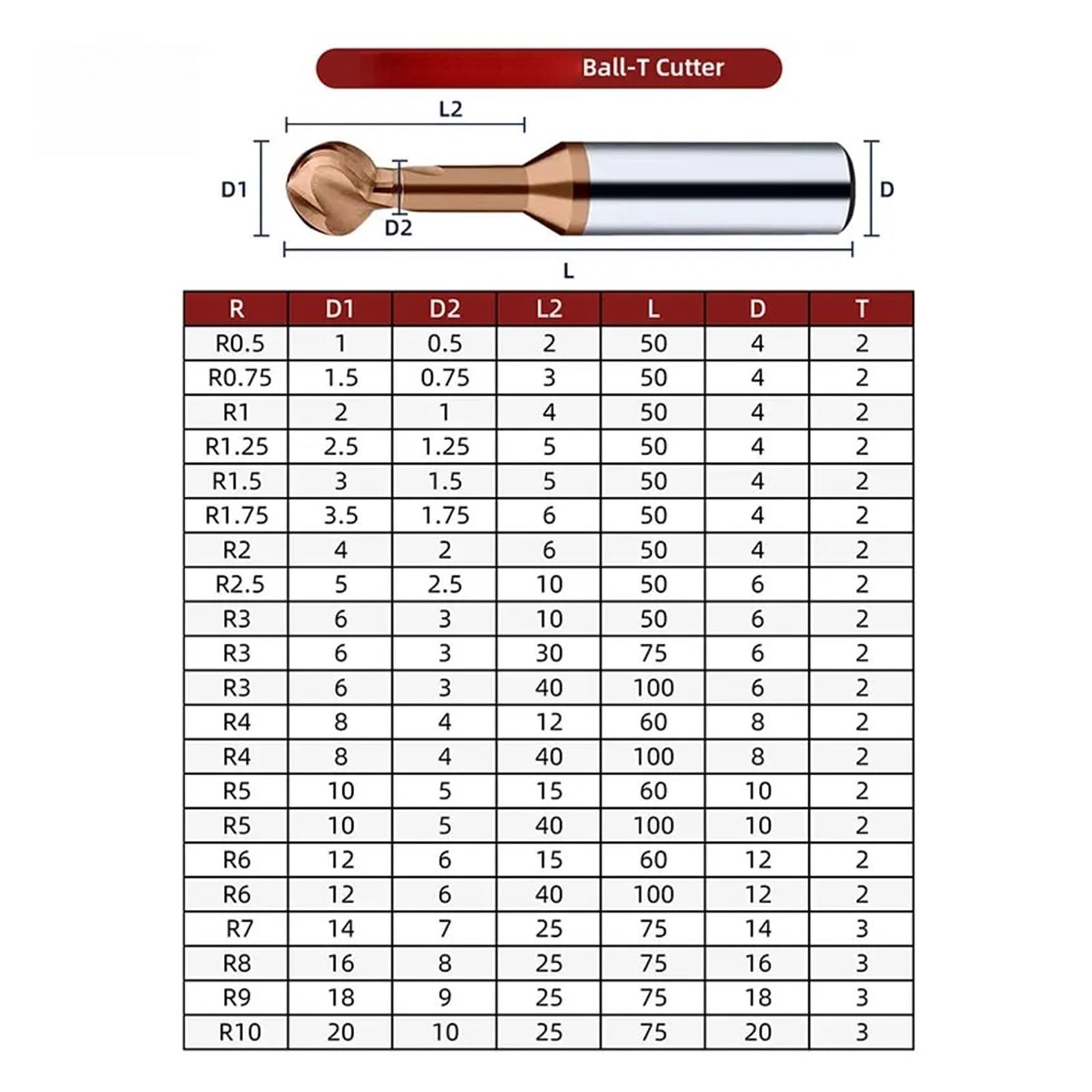 1 szt. Frez w kształcie kuli T 3D Narzędzie do nosa R2 R3 R4 R5 R6 Drewno Plastik Metal(R5xD10x60-2T)