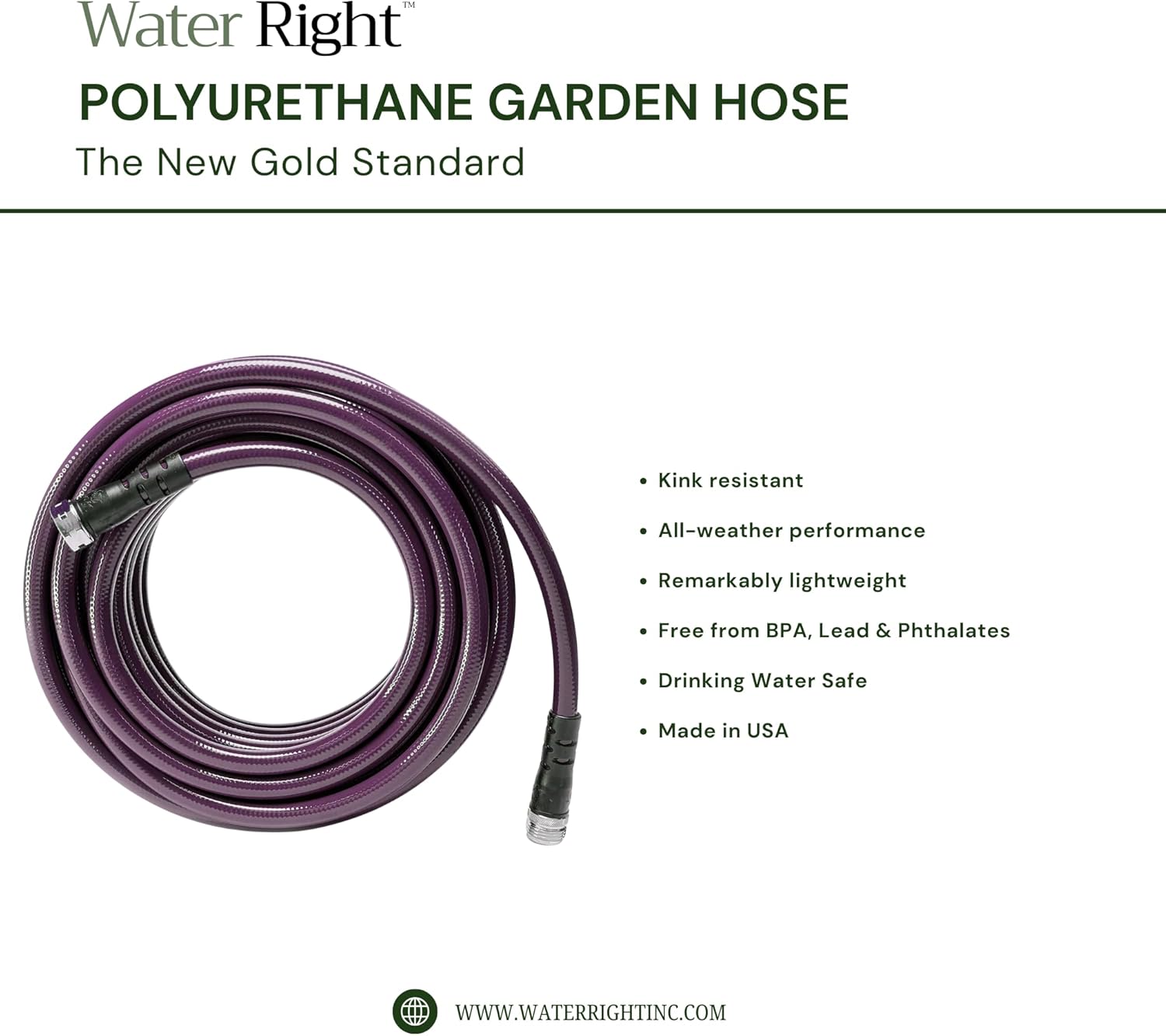 Water Right Polyurethane Garden Hose | 100 Foot | Made in USA | Slim & Lightweight | 1/2” Inner Diameter | Drinking Water Safe | Lead, BPA & Phthalate-Free | Eggplant | 300 PSI Burst Pressure