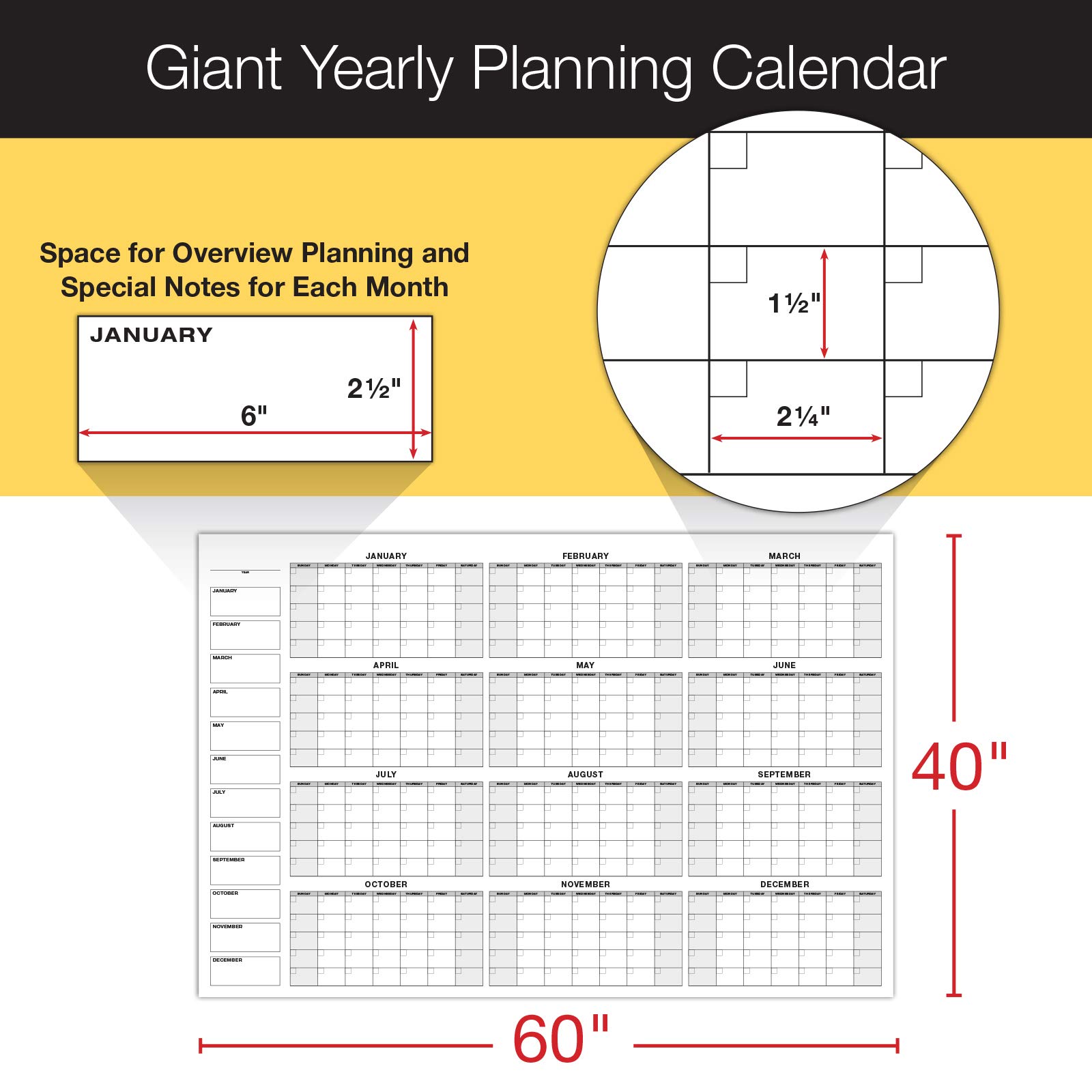 Riesiger trocken abwischbarer laminierter Kalender für die Wand, jährlich, monatlich, groß, löschbar, undatiert, Aufgaben-Organizer, Planer für Büro, Klassenzimmer, Zuhause, 40 x 60 cm und 24 x 36 cm,