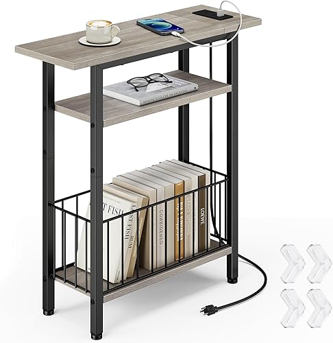 Vagusicc Mesa auxiliar estrecha con estación de carga, mesa auxiliar delgada para sofá, mesas auxiliares pequeñas de 3 niveles para espacios