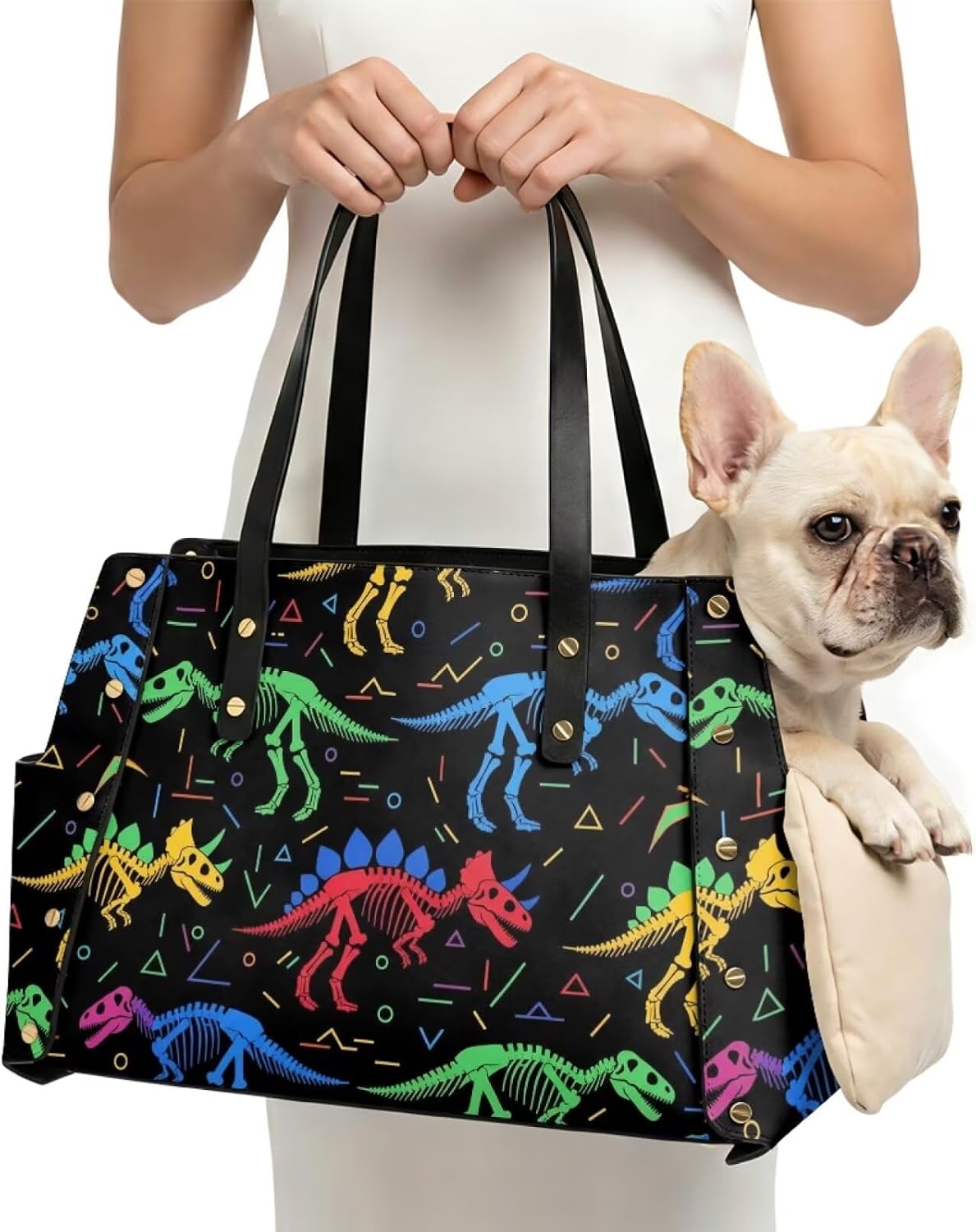 Dinosaur Pattern Pet Shoulder Bag for Small Dogs, Cats, Large Capacity Dog Purse Carrier with Top-Handle Portable, Pu Leather Dog Carriers for Daily Use, Multicolor