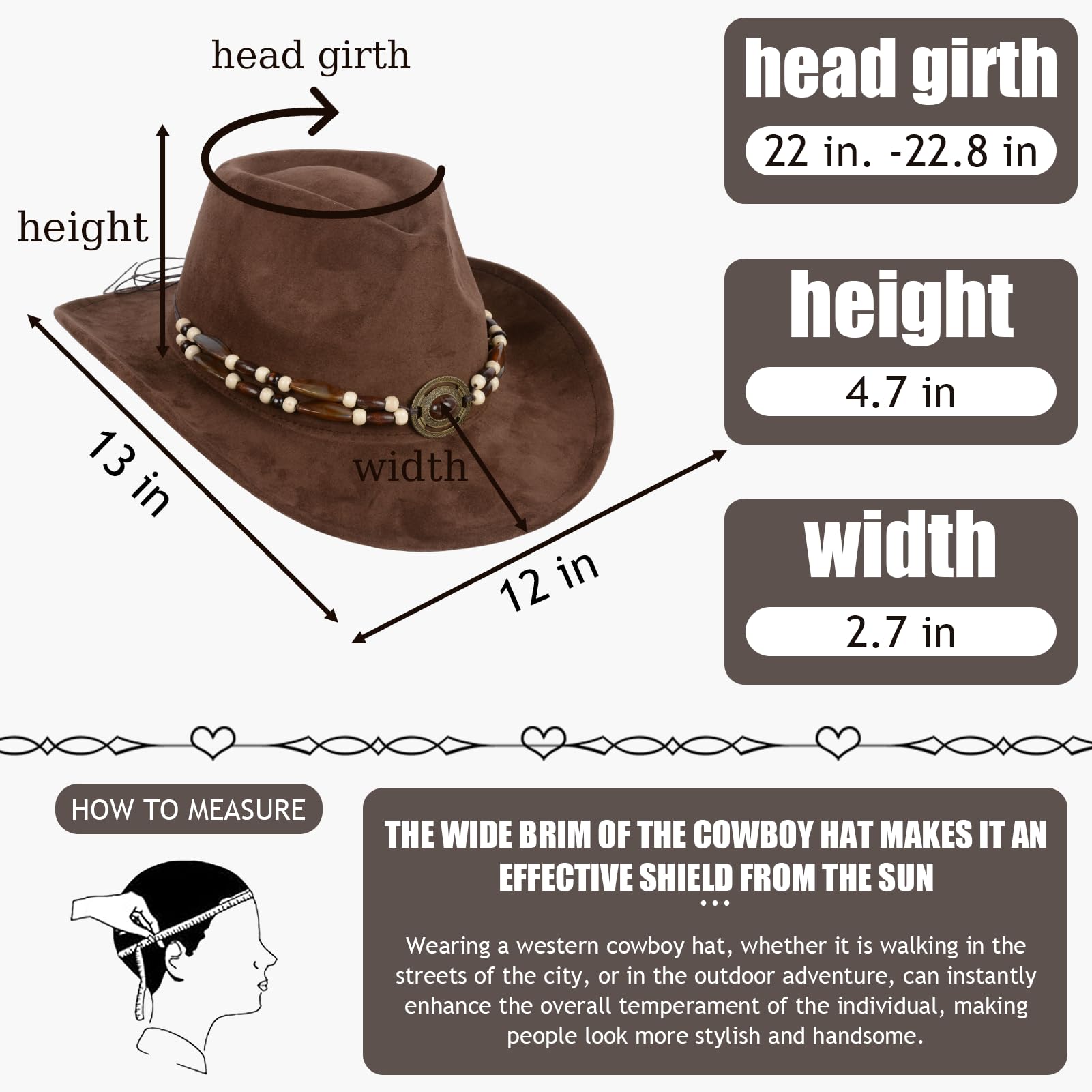 Cowboyhut für Männer und Frauen, breiter Rand, Outdoor Wildlederhut, klassischer Kunstleder-Filzhut für Männer und Frauen, einstellbare Größe