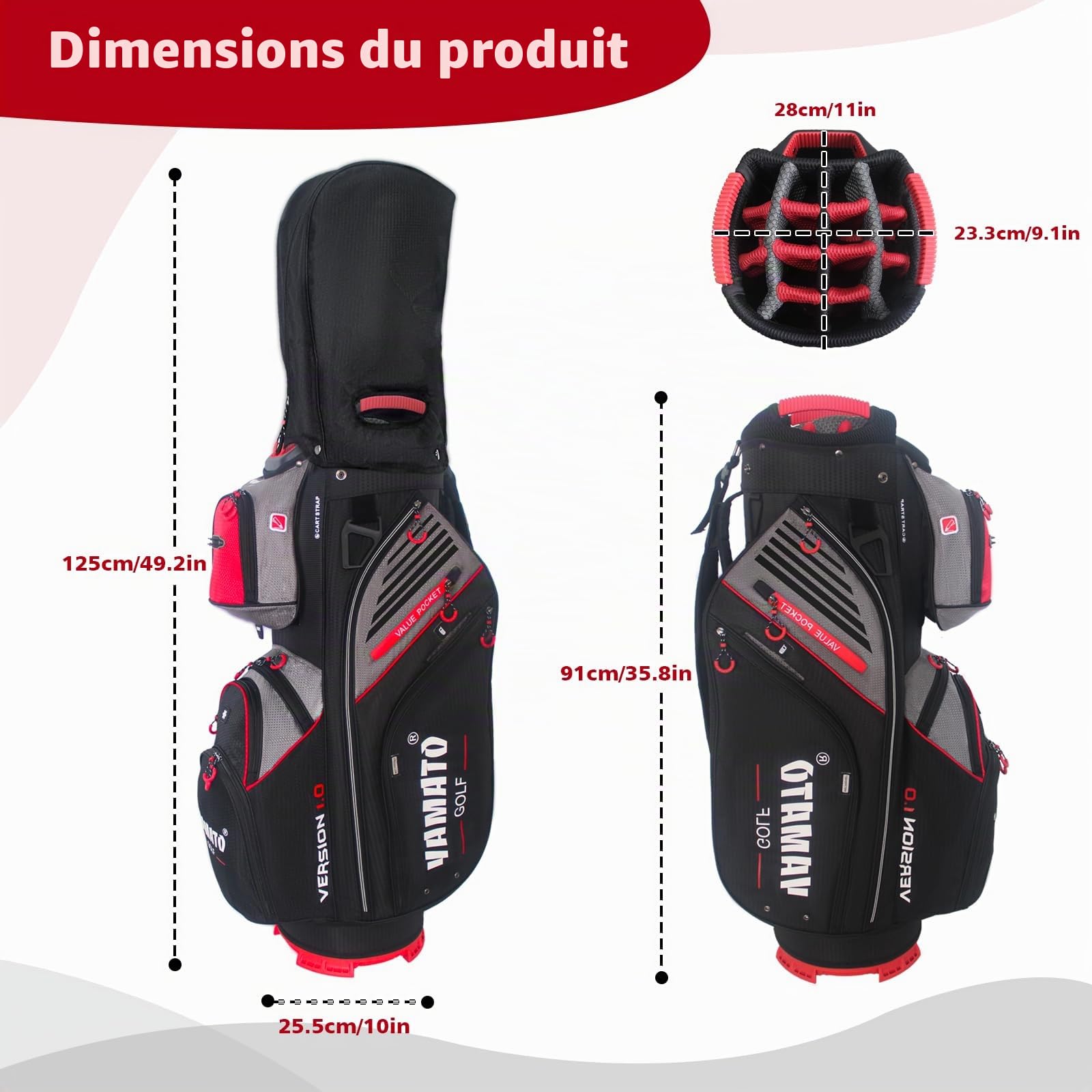 Yamato Sac de chariot de golf 14 compartiments avec poignées, poche isotherme et housse de pluie, design super léger, nouvelle version 1.0