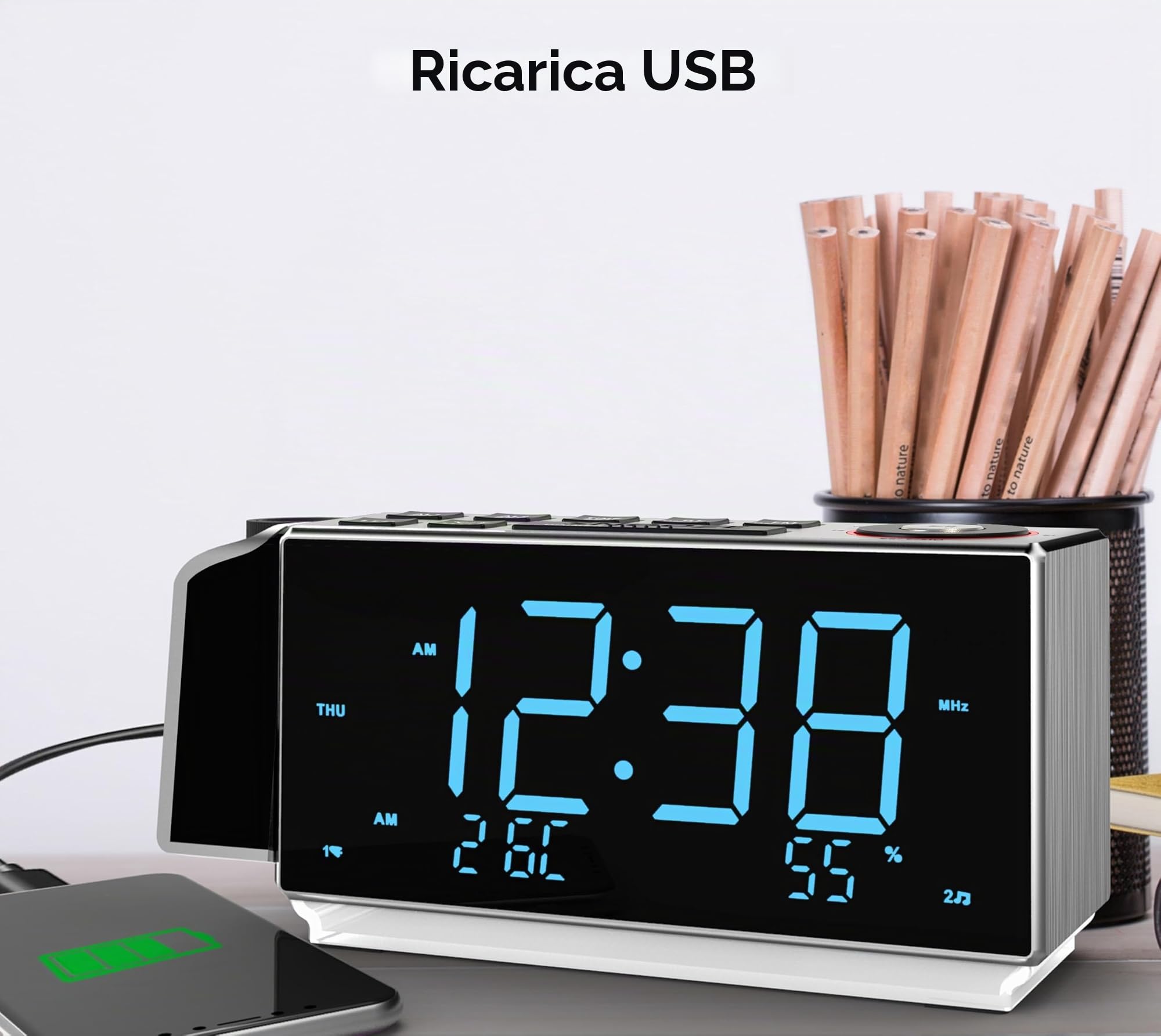 iTOMA Sveglia a Proiezione con Radio FM, Ricarica USB, Display a LED da 1,8", Luce Notturna, Doppio Allarme, Snooze, Controllo Dimmer, Radiosveglia da Comodino CKS509