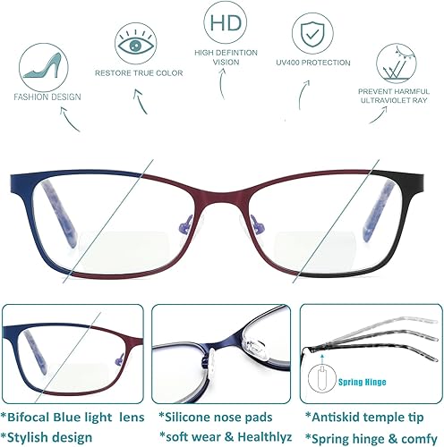 Miniatura 10 de SUNAMOY Gafas de lectura bifocales para mujer, luz azul, lector de computadora, a la moda, transparente, ojo de gato, gafas elegantes de diseñador
