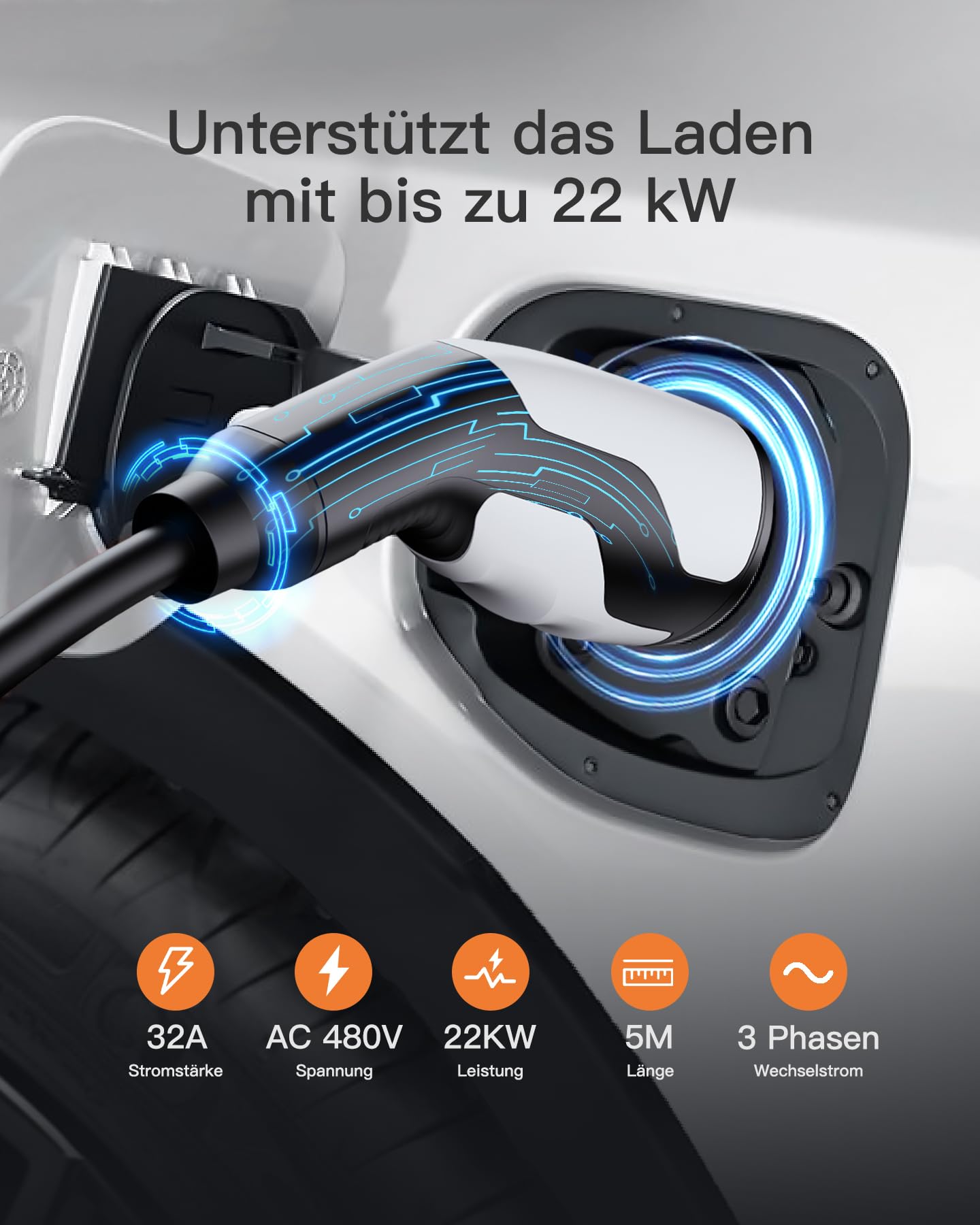 tomons Typ 2 Ladekabel, 22KW 5M 32A 3-Phasig,Elektroauto Typ 2 für EV/PHEV, Typ 2 auf Typ 2 EV mit Tragetasche und Mikrofasertuch für Model S/3/X/Y, ID.3, ID.4