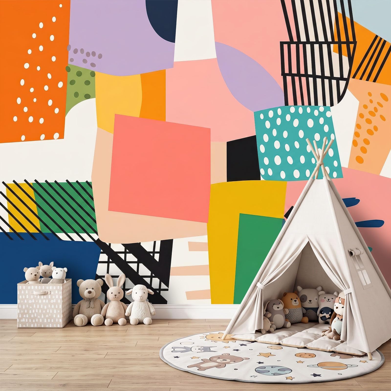 Abstrakcyjne geometryczne bloki kolorowe kropki panoramiczna tapeta dla chłopców dziewcząt, 400 x 280 cm kolor gigantyczny plakat ścienny 3D, dekoracja ścienna premium do salonu, pokoju dziecięcego