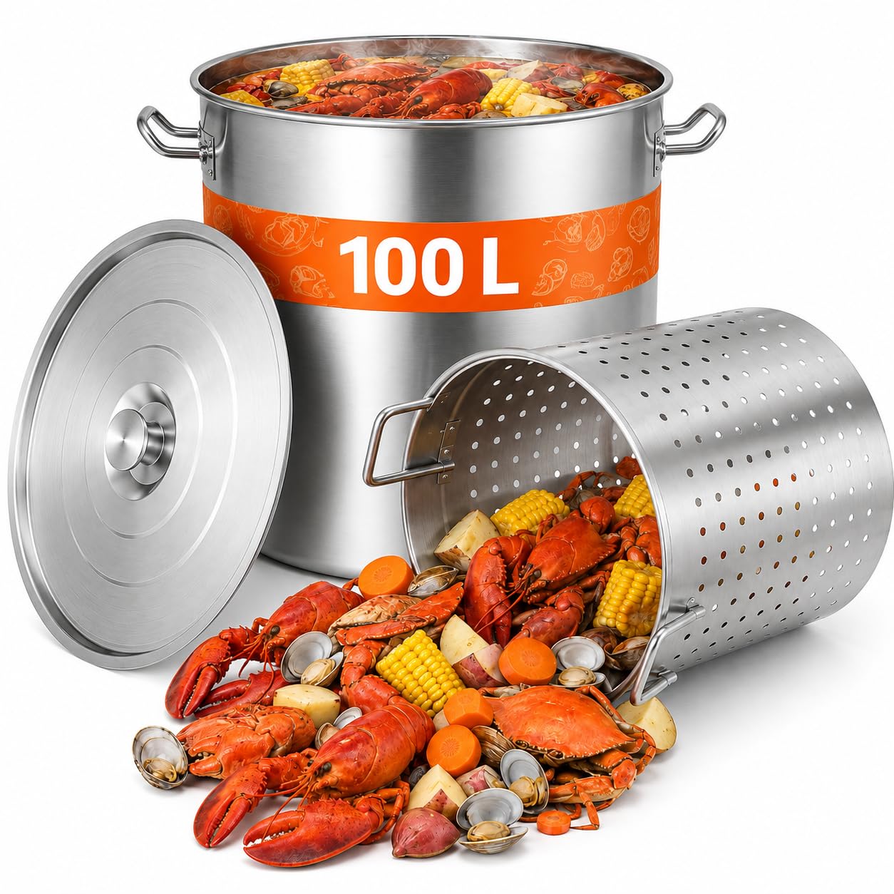 Marmite Inox 100 L avec Panier et Couvercle Faitout Induction