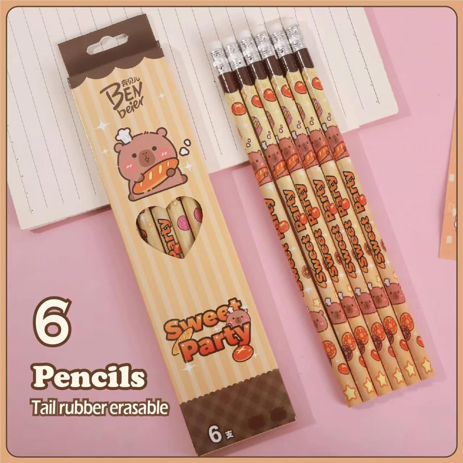 LEMONSTONE Capybara Pencils Set, 6 Pieces Pencils 2B Black, with 2 Bookmarks, Capybara Pencil with Eraser, 2B Pencils for Drawing, Writing, School, Children, Home (Capybara)