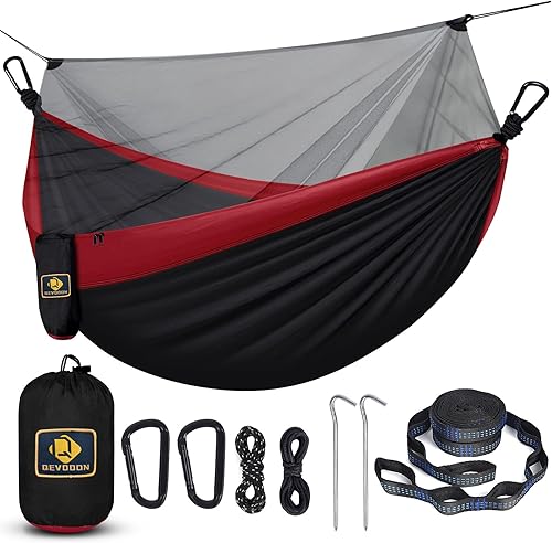 Hamaca de camping con red, hamacas ligeras portátiles de viaje con correas para árboles y mosquetones sólidos en forma de D, hamaca de nailon de