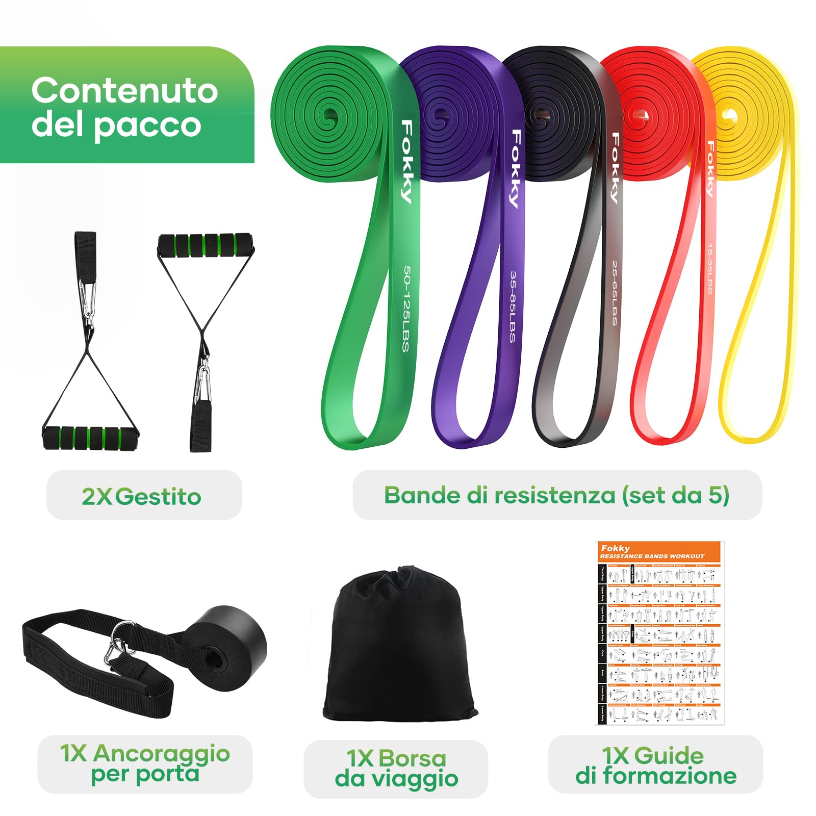 Fokky 5 Livelli di Resistenza Elastici Fitness, 5-125LBS Elastico Palestra con Ancoraggio Porta e Maniglie, Fascia Elastica Fitness per Allenamento, Stretching, Trazioni, Allenamento di Forza