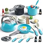 Bruvoalon 32Pcs Kids Play Kitchen Toys Set, Toddlers Pretend Cooking Playset Acccessories with Pots Pans, Utensils Cookware, Foods, Canned Veges, Learning Gift for Kids Girls Boys (Turquoise)