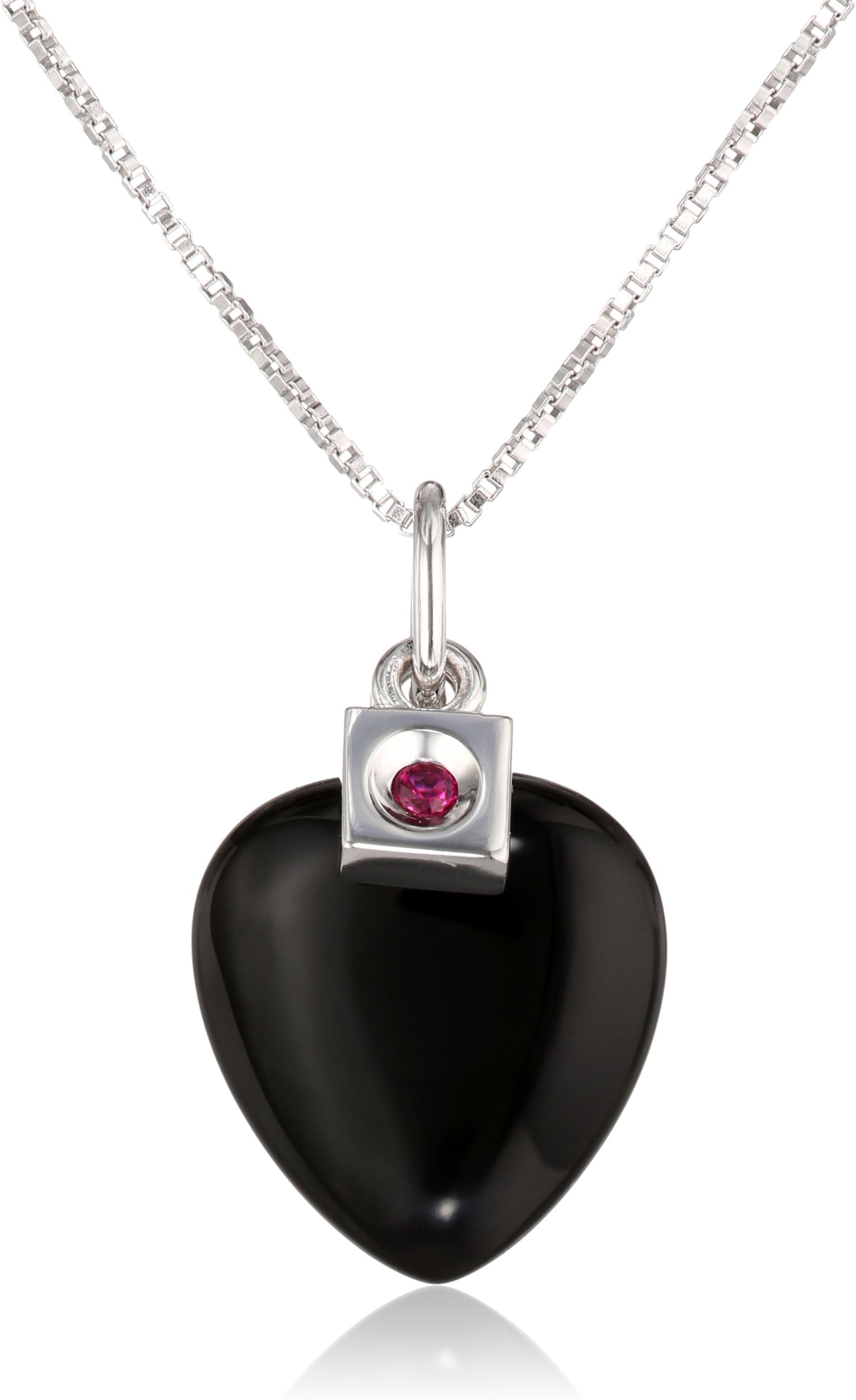 ELLE Jewelry Black Onyx Heart Pendant Necklace on Sterling Silver Box Chain, 16"