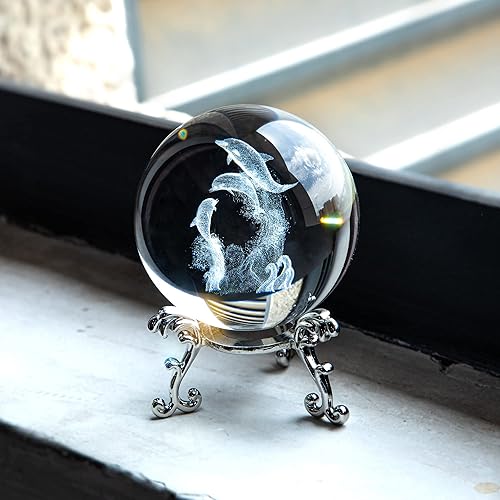 Miniatura 4 de HDCRYSTALGIFTS Pisapapeles de bola de cristal de delfín de 2.362 in con soporte de flores, pisapapeles decorativo 3D grabado con láser