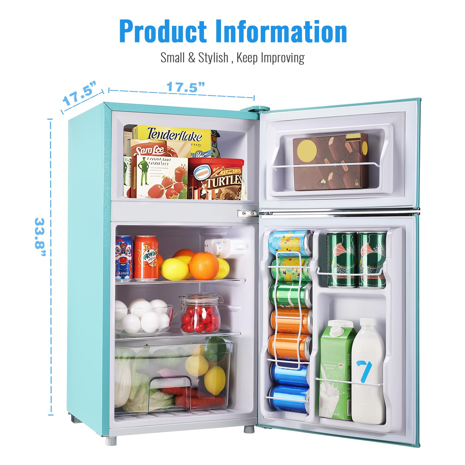 WANAI 3.5 Cu.Ft Retro Mini Fridge With Freezer Small Retro Dual Door Refrigerator Freestanding Compact Refrigerator With Freezer 2 Door Mini Fridge For Bedroom, Dorm, Office Blue on Fridge.com - View 6