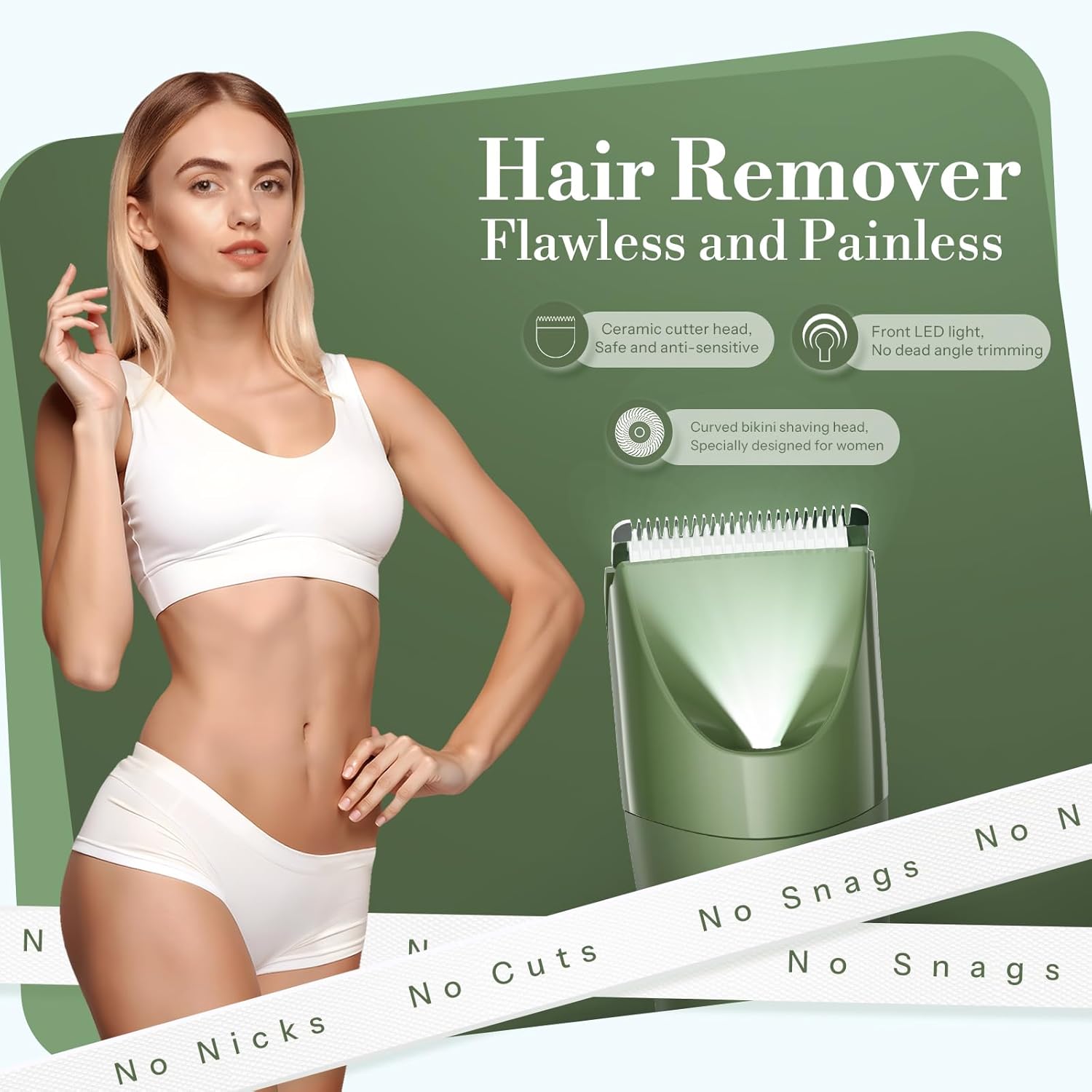 Flyant Bikini Trimmer for Women, 2 in 1 Electric Shaver for Women, Pubic Hair Trimmer Waterproof IPX7 with LED, Bikini Razor for Leg Arm Underarm Bikini Area, Pull Bows Gift Box for Friends - Green