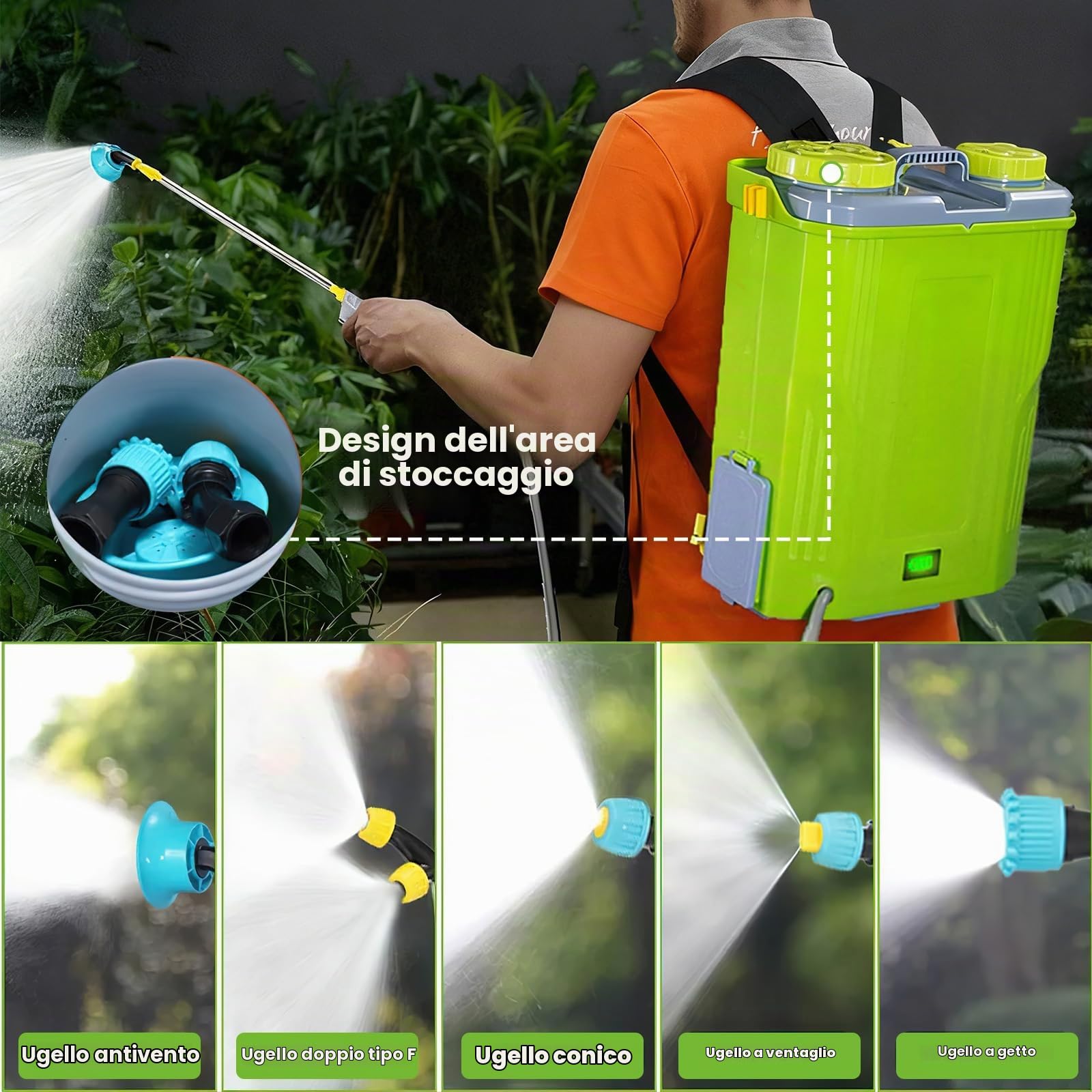 Polverizzatore elettrico da giardino 20L, spruzzatore per tetti con 2 batterie, lancia telescopica e 5 ugelli, pressione fino a 80 psi, per antischiuma di copertura e irrigazione delle piante.