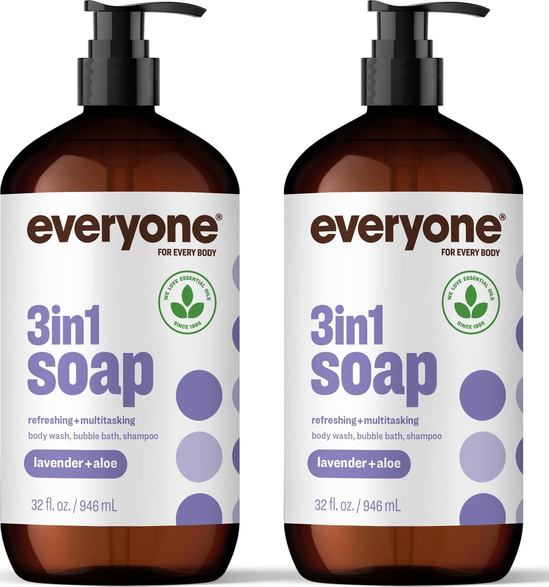 Everyone 3-in-1 Soap Body Wash Bubble Bath Shampoo Lavender Aloe 32oz 2pk | Natural essential oil formula | shampoo + body wash + bubble bath | for men and women | bulk value 2-pack | lavender and aloe