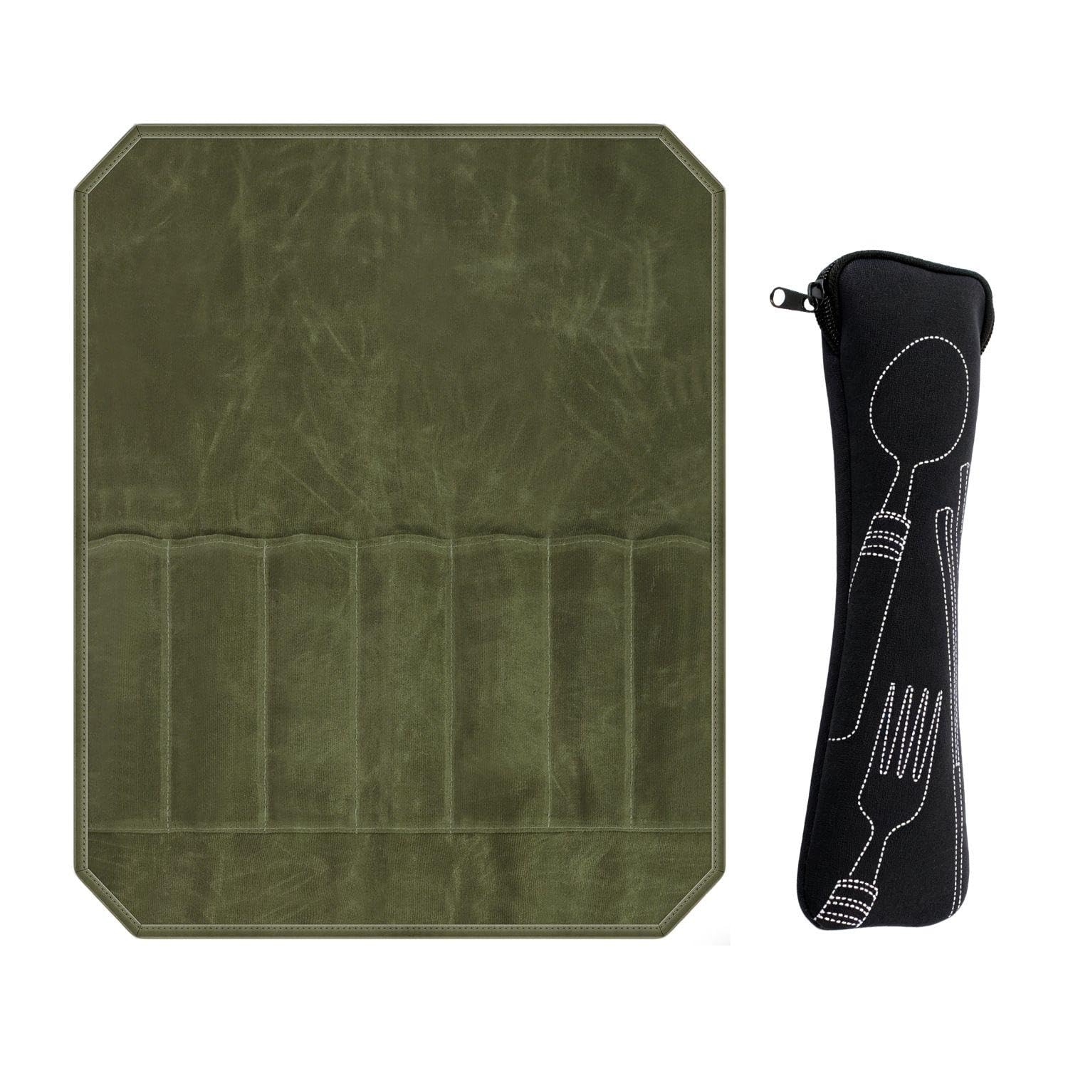 Borsa A Rullo per Coltelli da 1 Pezzo E Borsa per Stoviglie da 1 Pezzo, Materiale in Tela Cerata A 7 Griglie, Portatile E Arrotolabile, Regalo per Utensili da Cucina (Verde).