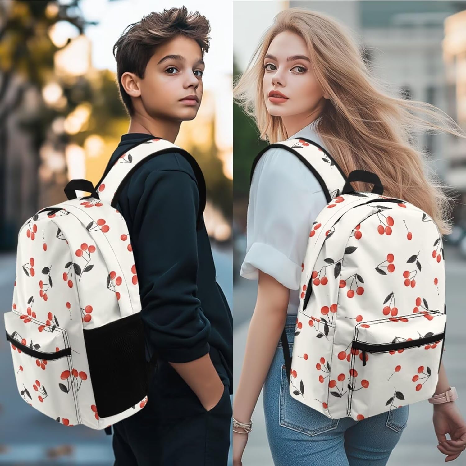 Red Cherry Minimalist Print Matching Backpack, Lunch Bag & Pencil Case – Cute School Supplies Set Large Capacity Side Pocket for Water Bottle Insulated Food Bag Organized Pencil Holder