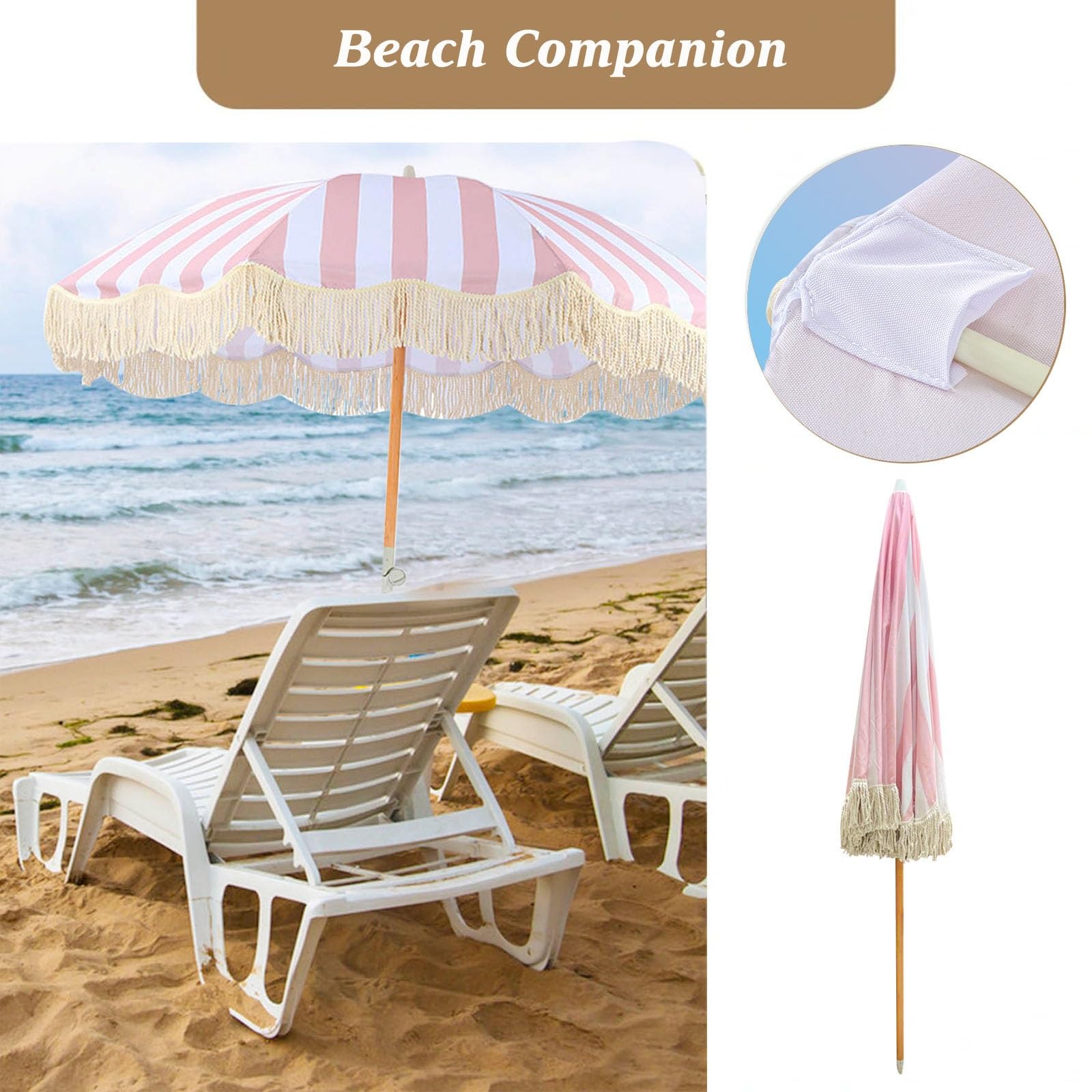 Elyrthriumc 6.5ft Beach Umbrellas with Fringe Pink White Striped Patio Umbrella with White Tassels Umbrella Outdoor Portable Beach Parasol Garden Parasol UPF 50+ 1.26