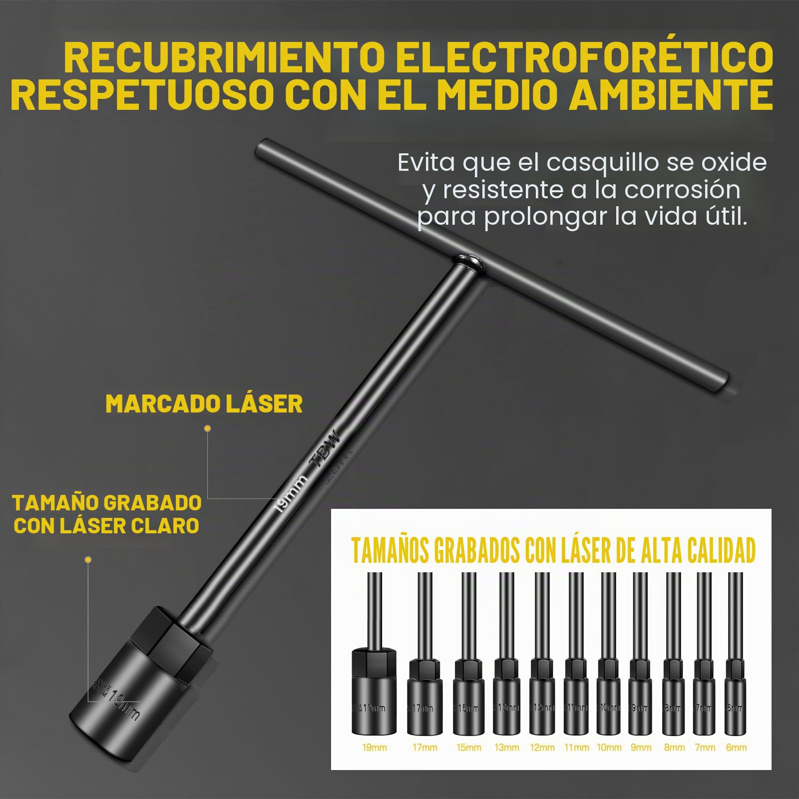 11 Piezas Juego de Llaves de Vaso Métricas de Mango en T 6 Puntos (6mm, 7mm, 8mm, 9mm, 10mm, 11mm, 12mm, 13mm, 15mm, 17mm, 19mm) Acero Cr-V, Vaso Hexagonal para Reparación de Motocicletas y Bicicletas