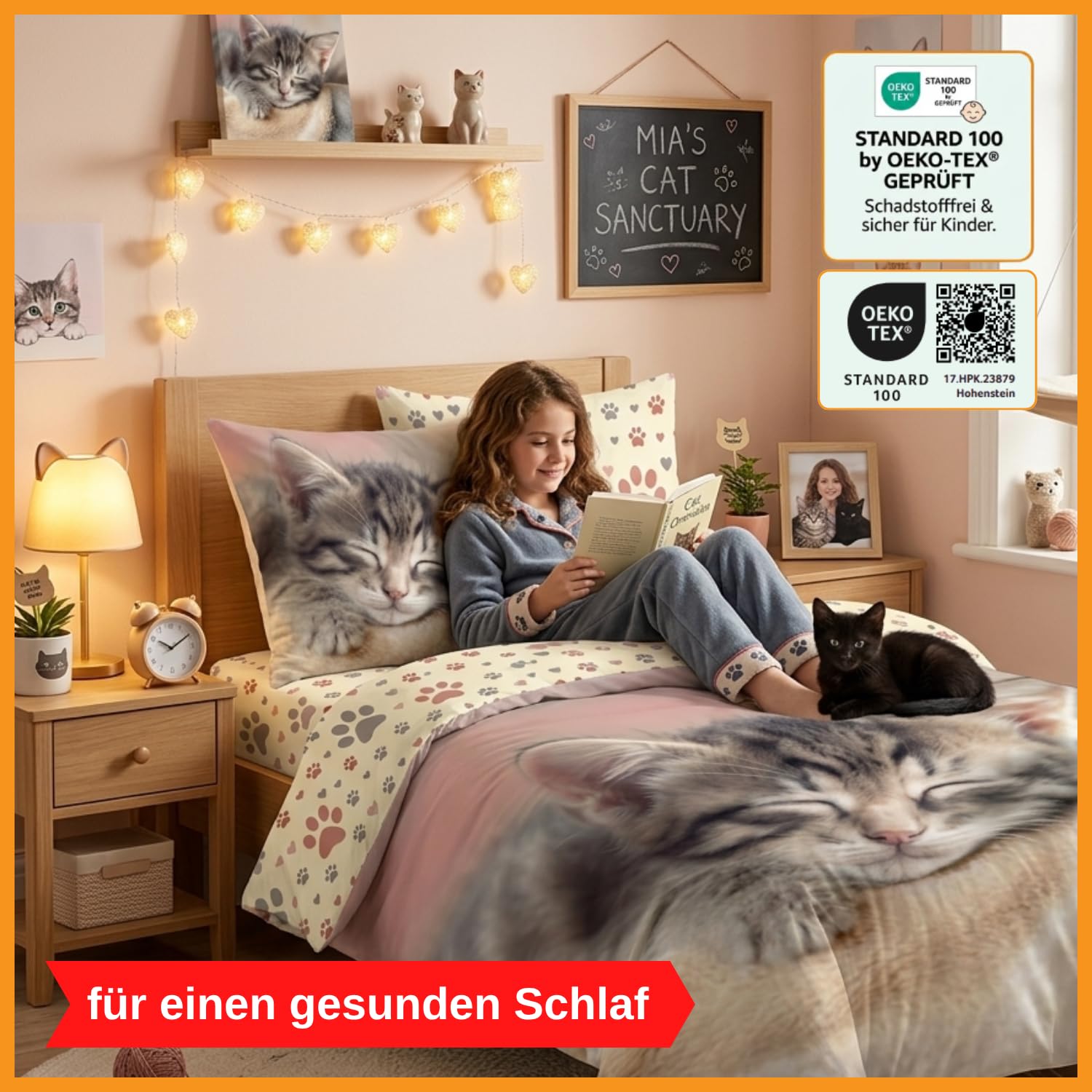 Aminata kids Bettwäsche 135x200 Katzen-Motiv Mädchen 100% Baumwolle