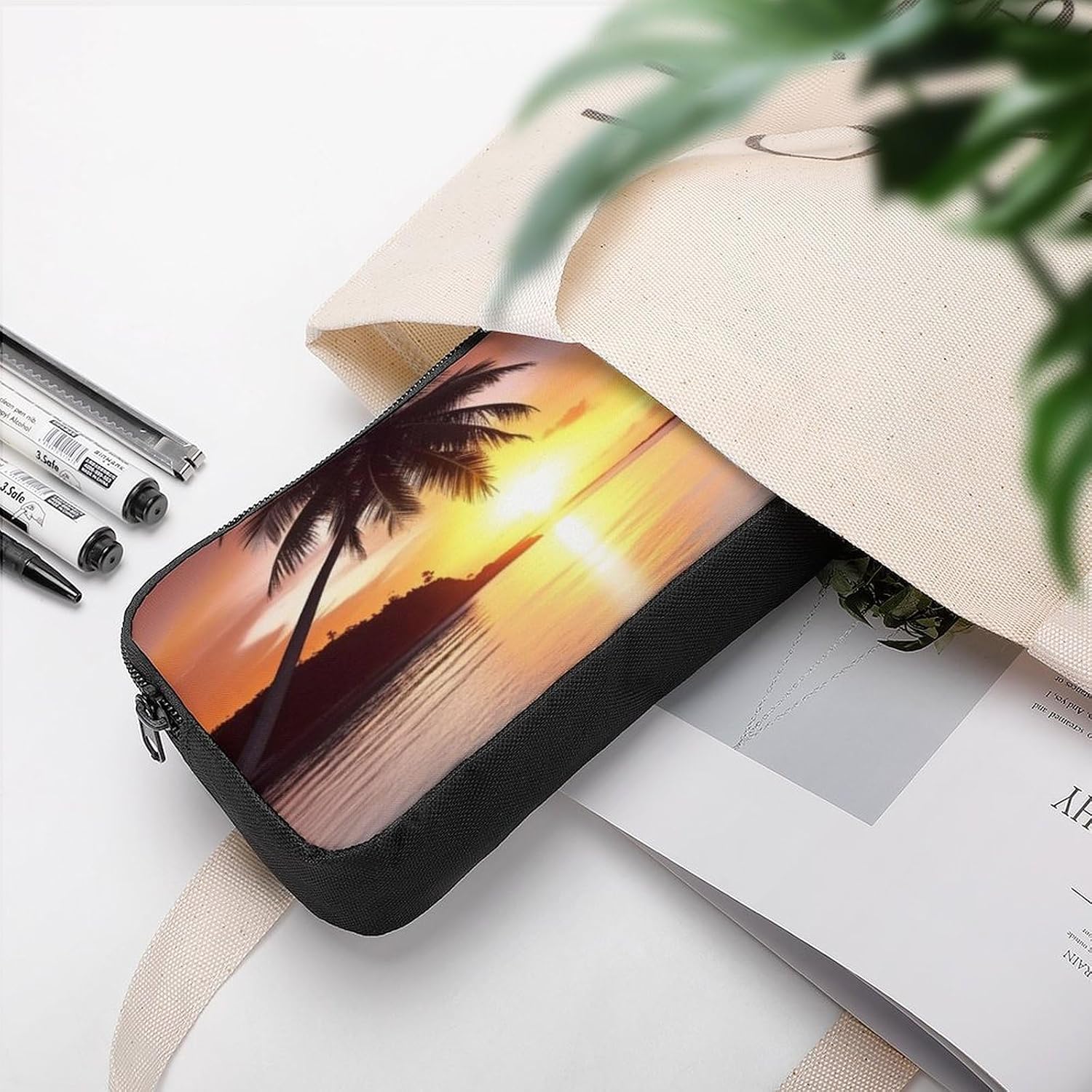 Seaside Palm Tree Sunset Large Pencil Case, Pencil Pouch with Zipper image 5