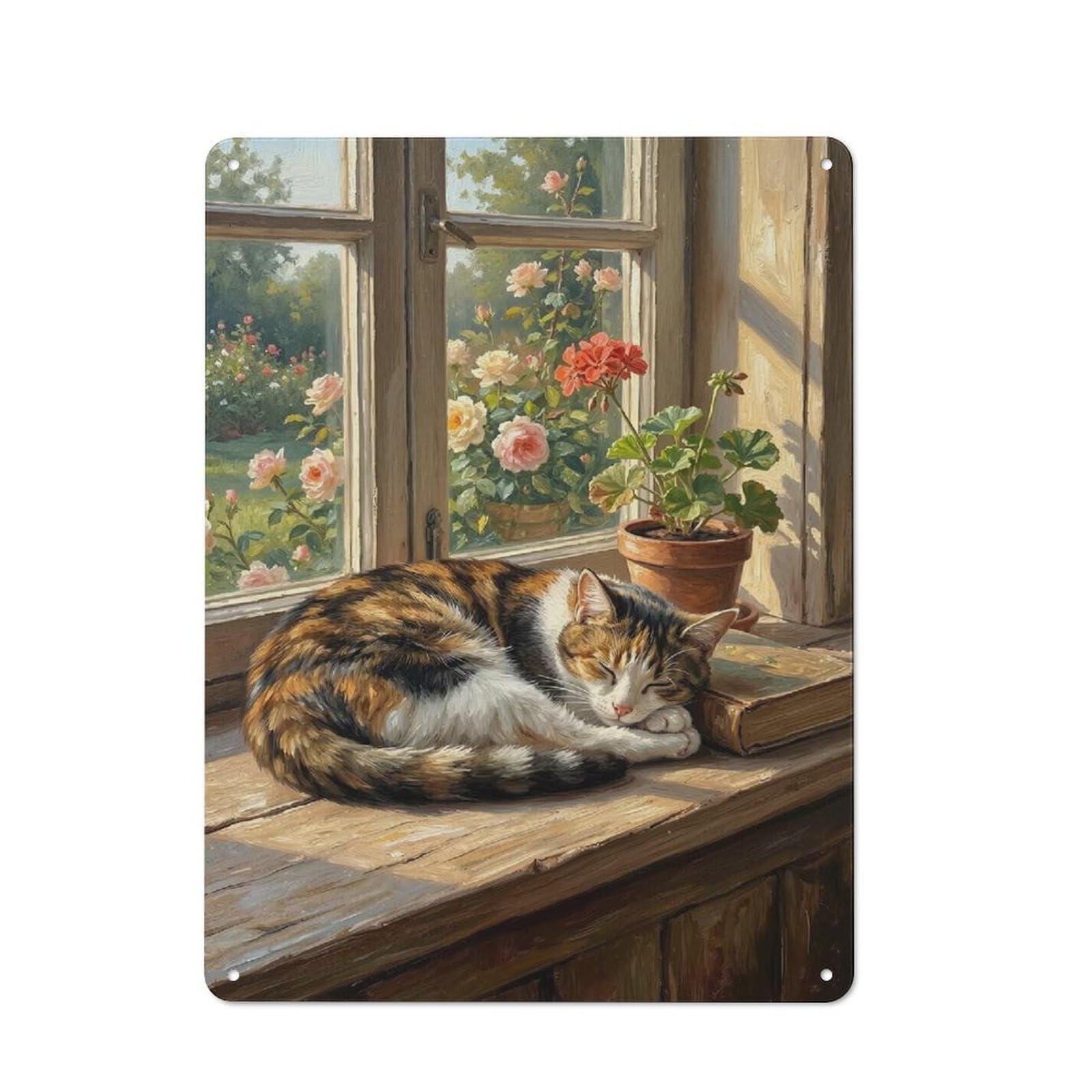 Junmoney Style-13 Rustic Metal Sign 40X30cm Featuring Sleeping Cat By The Window For Hallway Wall, A Decorative Gift For A Newly Furnished Hallway