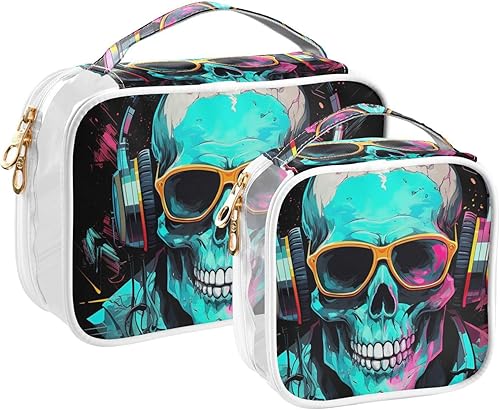 Miniatura 2 de Gothic Skull Wear Headphone Y2k Clear Toiletry Bag for Traveling,2 Pack Makeup Cosmetic Bag with Zipper,Travel Bag for Toiletries,Travel Essentials