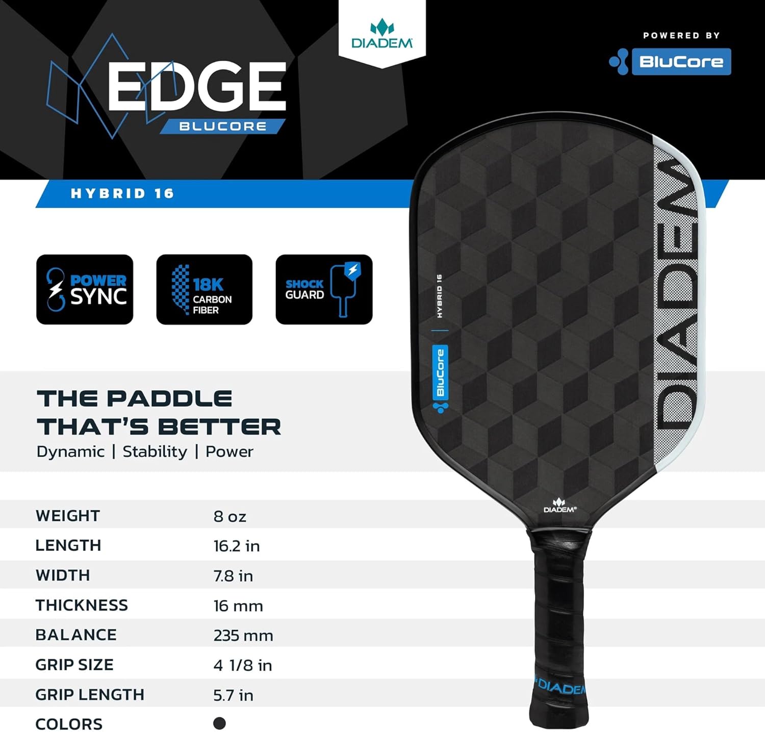 Diadem Edge BluCore Hybrid Pickleball Paddle | Ultimate Balance Paddle, Premium 18K Carbon Fiber Face, Explosive Spin, PowerSync Technology, 14mm & 16mm Options, USAPA Approved