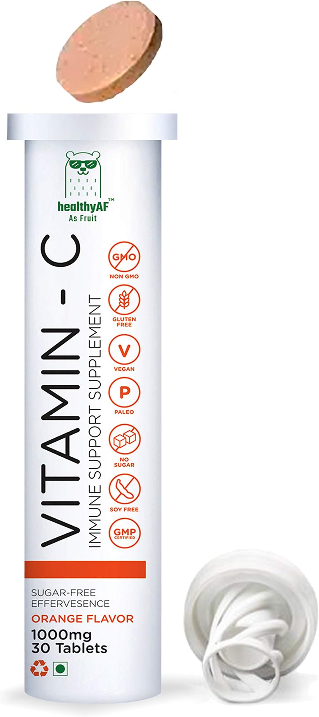 Healthy AF As Fruit Vitamin C 1000mg - 1 Month Pack 30 Tab Effervescent Tablets (Orange Flavour)