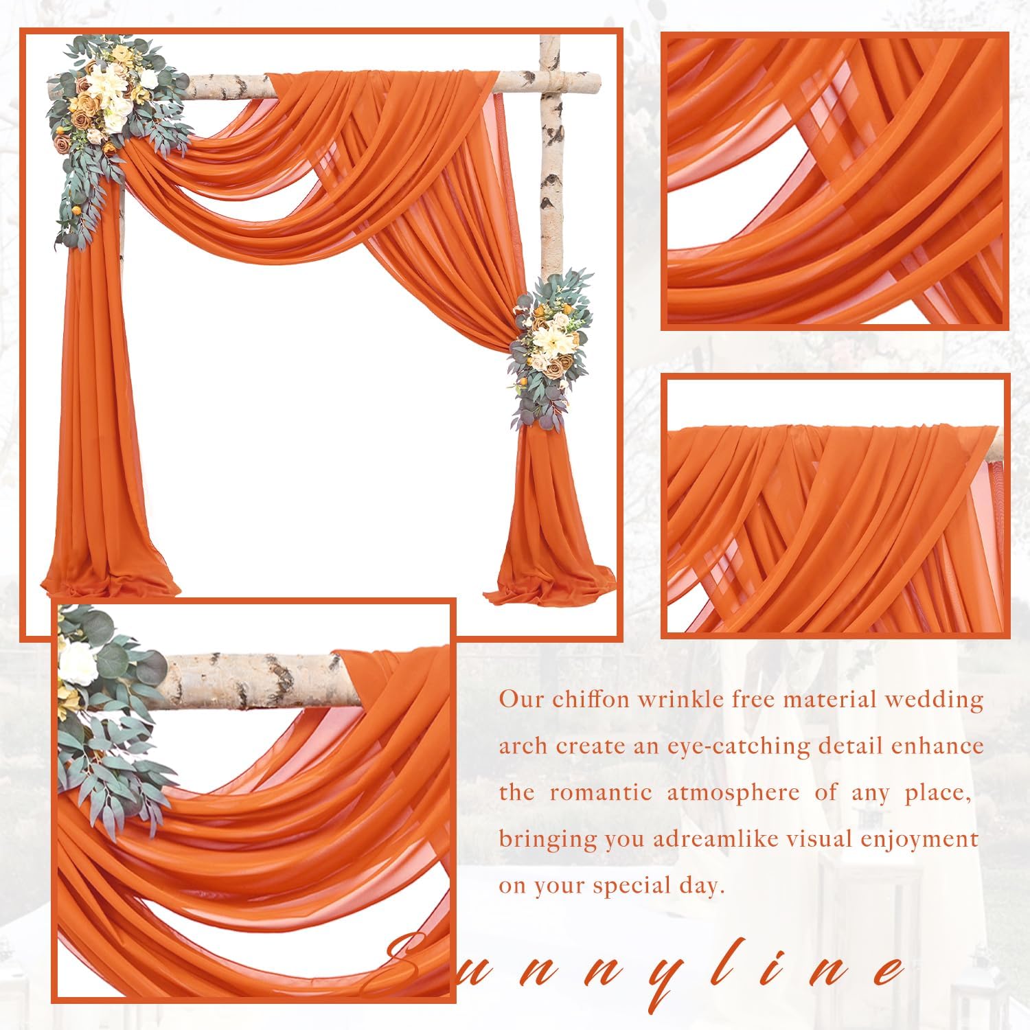 4 Panels Wedding Arch Draping Fabric 20Ft Length x 28" Width Orange Arch Drapes Chiffon Fabric Sheer Curtains Backdrop for Party Bridal Decorations Wedding Ceremony Ceiling Stage Reception Decor