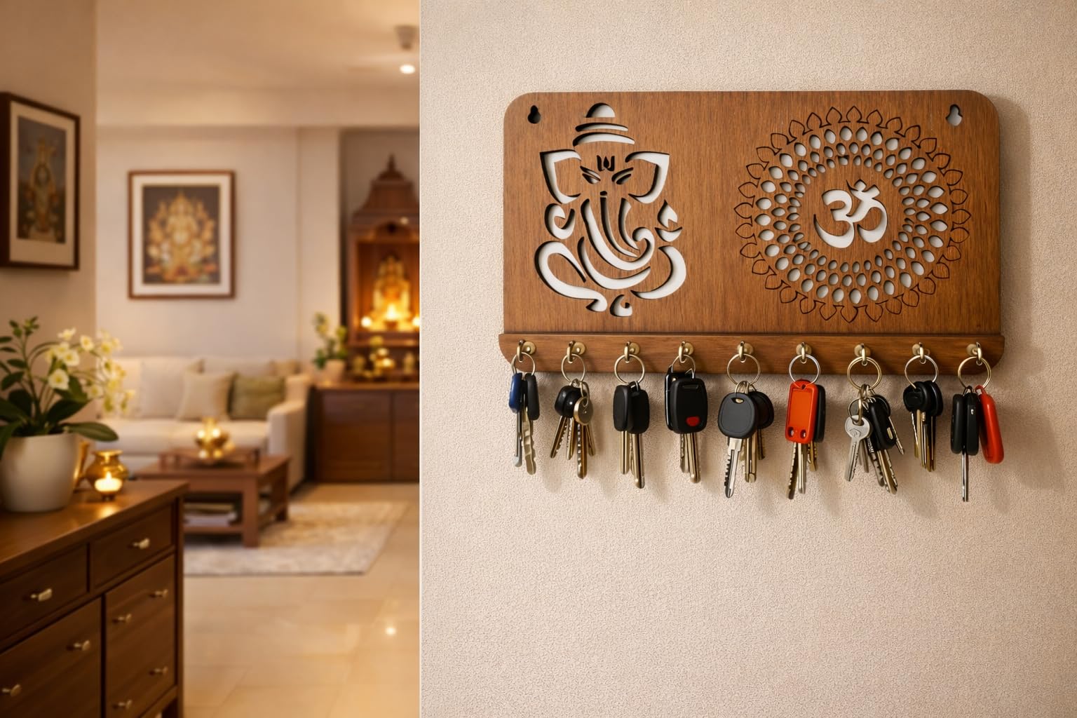 My Dream Carts Ganesha Om Chakra Key Holder for Home Decor Items | Stylish Key Hanger Wall Mounted Decoration | Handicraft Key Chain Stand | Wooden Keychain Hangers for Office | Wood Keys Organizer 4