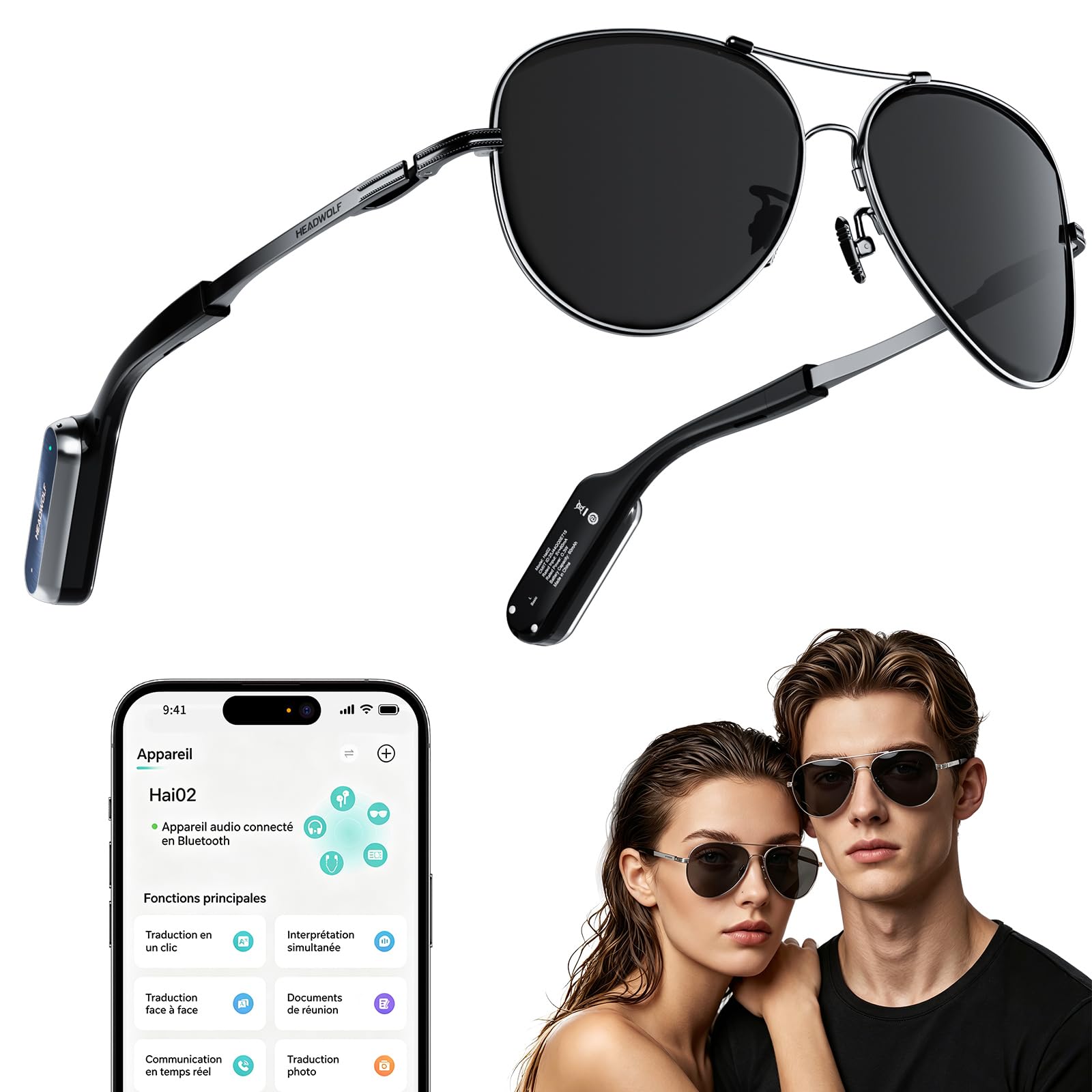 Headwolf AI Audio Glasses, Lightweight Smart Glasses with Bluetooth Audio, AI Translation, Voice Assistant, Titanium Memory Frame, Detachable Design, Charging Case for Travel & Outdoors
