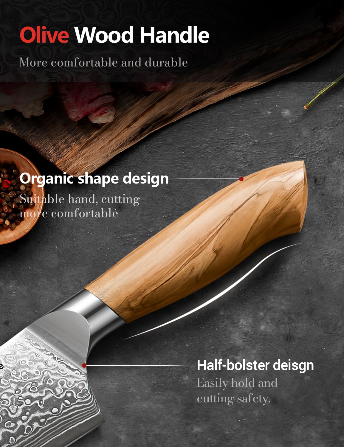 Emojoy 8-Inch Damascus Chef Knife, 67-Layer Japan Steel, Olive Wood Handle — Amazon image 4