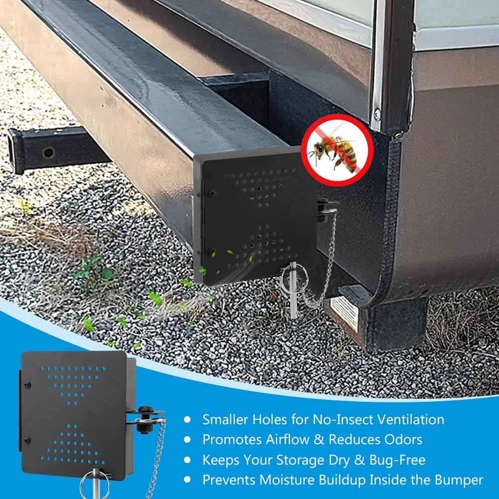 RV Bumper End Cap, 2pcs Iron RV Bumper Plug End Cap Fits Standard 4x4 Inch Square Camper Bumpers, Ventilation Holes for Airflow, Secure Sewer Hose Storage, Trailer Accessories(Color:Black)