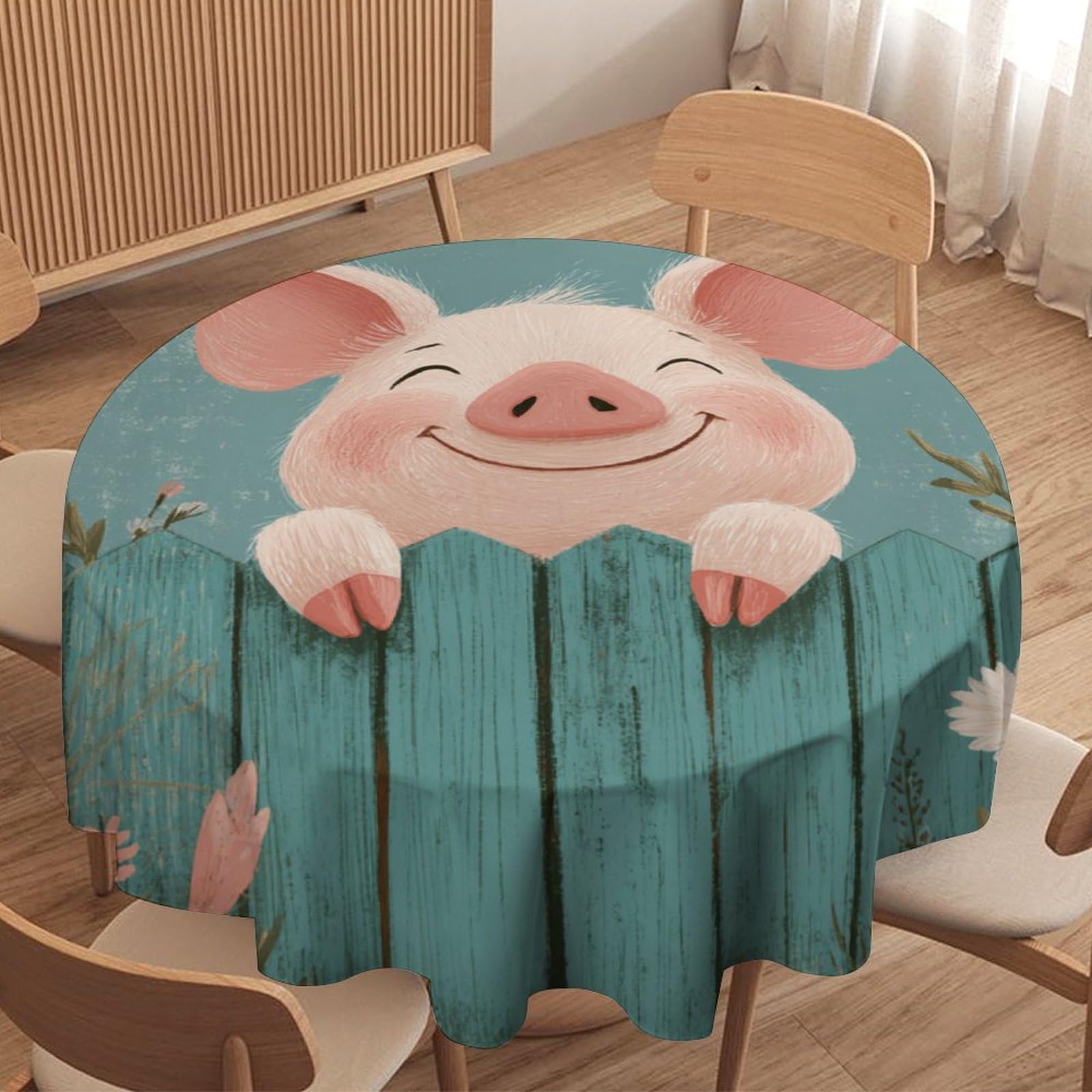LUYYSKY Beautiful Cartoon Cute Pigs Waterproof Round Tablecloth Classic Spring Farm Wooden Fence Plants Daisies Floral Animals Pigs Washable Table Cover for Kitchen-177.8" Wx177.8 L cm