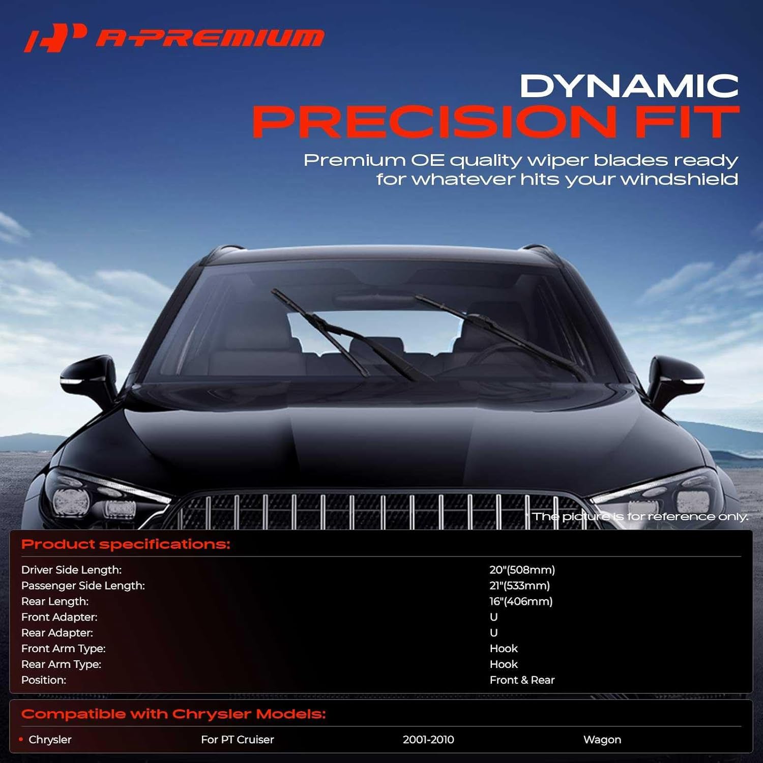 A-Premium 20"+21"+16" Windshield Wiper Blades Compatible with Chrysler PT Cruiser 2001-2010 Wagon - Front Rear Wipers Blade Set, Hook/Hook Arm Connector, with Wear Indicator & Towel (Pack of 3)