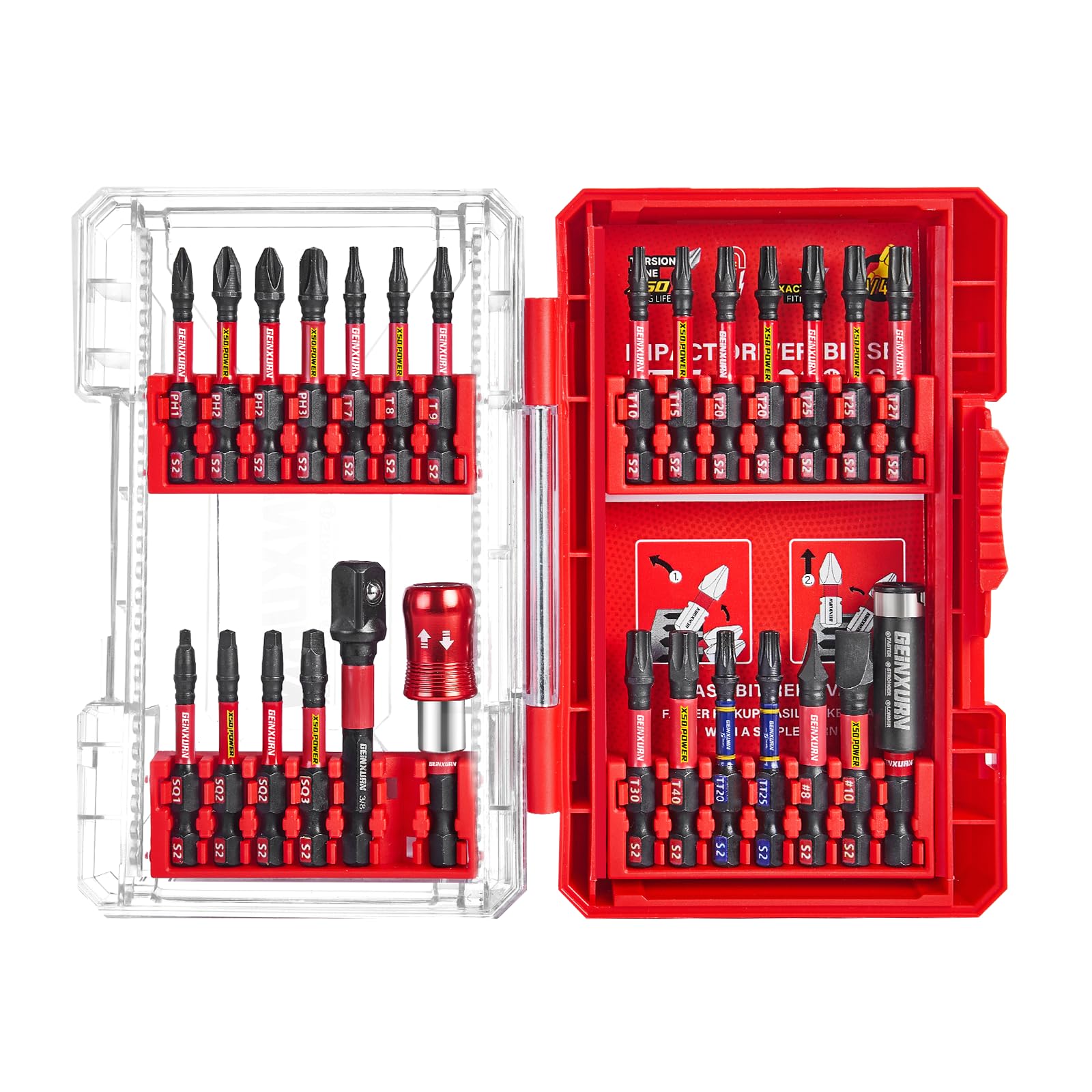 Geinxurn 27Pieces Impact Screwdriver Bits Set, Magnetic S2 Steel Phillips/Slotted/Square/Torx Insert Power Bits Tips, Impact Bit Holder and Impact