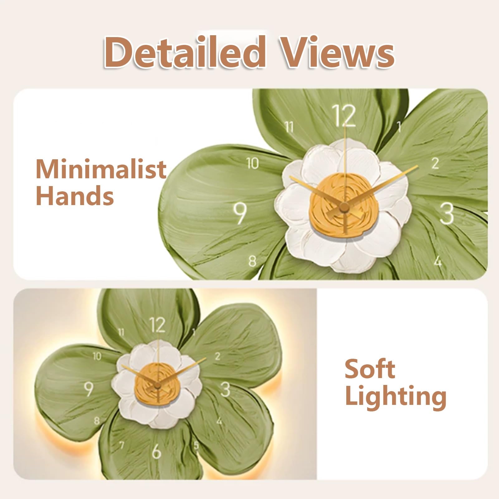 Orologio da parete floreale 3D con luce LED, design moderno floreale, movimento silenzioso senza ticchettio, decorazione luminosa per soggiorno o camera da letto, 45 cm