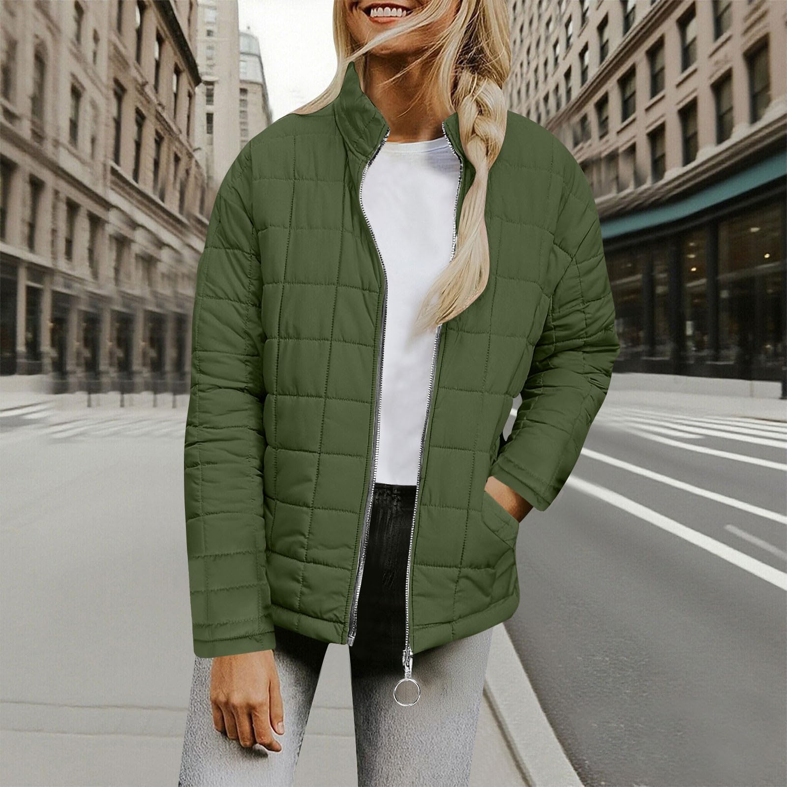 Doudoune matelassée pour femme - Manteau d'hiver chaud et rembourré à manches longues et à col montant - Fermeture éclair - Coupe-vent - Coupe ample - Pour randonnée, voyage, marche