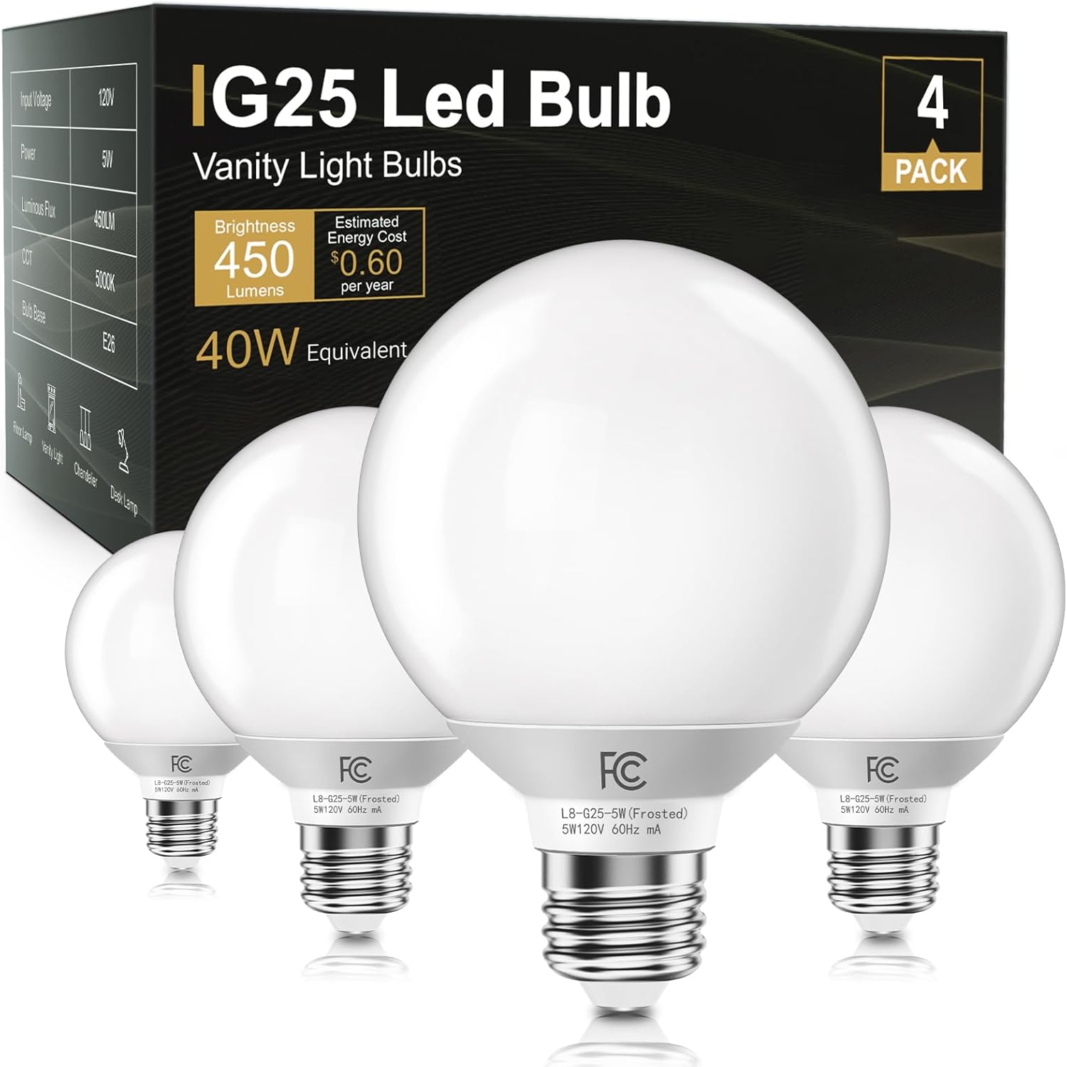 TJOY G25 LED Globe Light Bulbs, Vanity Light Bulb for Bathroom 40W Equivalent, 5000K Daylight White E26 Base, Round Decorative Bulb for Vanity Makeup Mirror, CRI85+, 450LM, Non-Dimmable, UL, 4 Pack