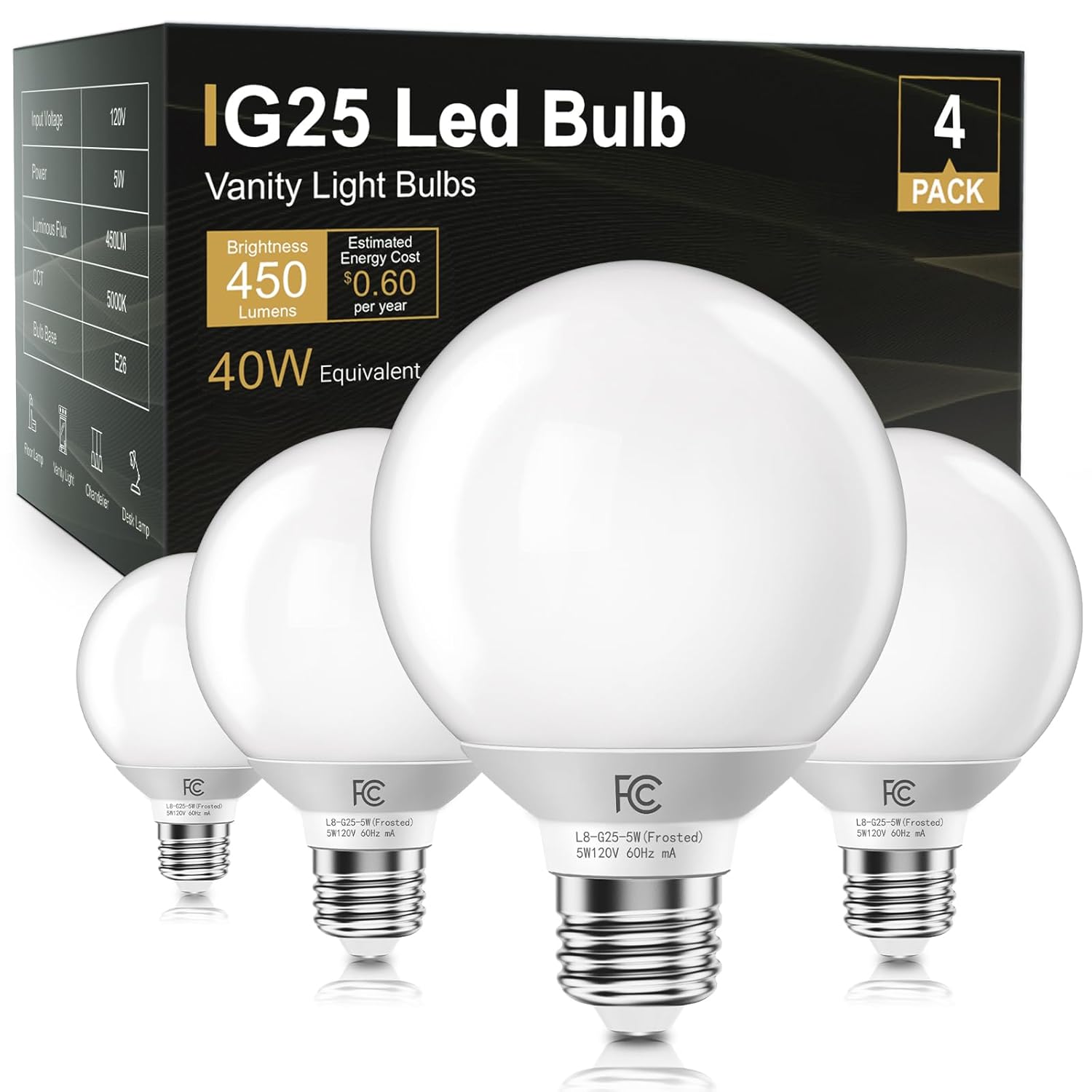 TJOY G25 LED Globe Light Bulbs Vanity Light Bulb for Bathroom 40W Equivalent 5000K Daylight White E26 Base