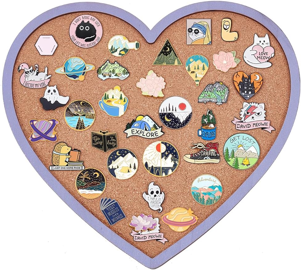 BENECREAT Light Sky Blue Heart Pin Cork Board, 10.6x11.8inch Bulletin Display Board Wall Mounted Cork Board for Brooch Pin Storage Display, Office Home and School Decor