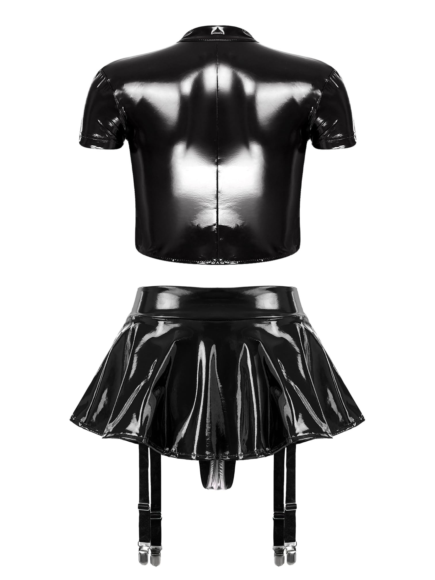 Agoky Ensemble Vêtement De Nuit Cuir Verni Femme Haut Camisole Et Mini Jupe Porte Jarretelle Lingerie érotique Clubwear Noir 3XL