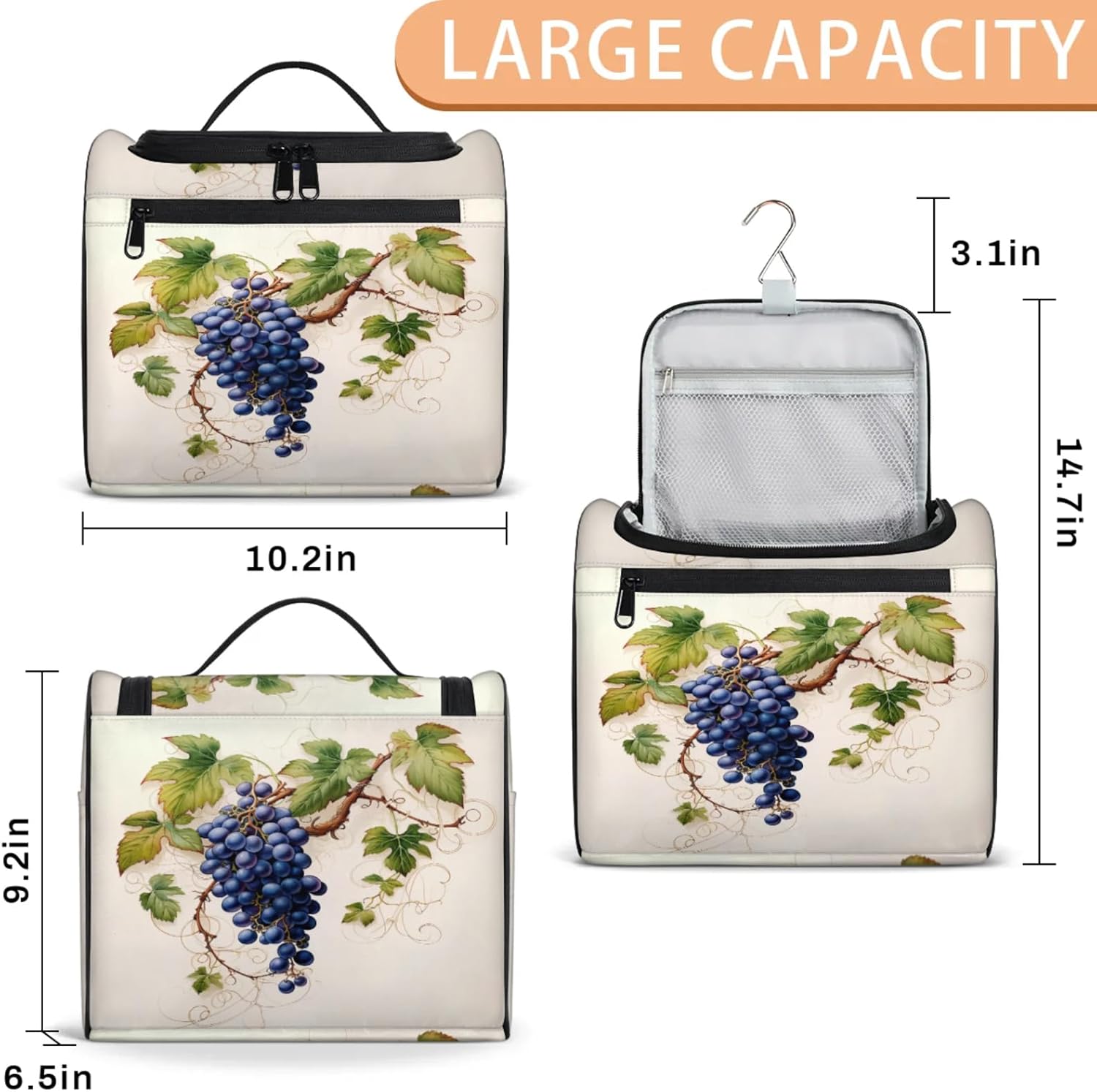 cfpolar Toiletry Bag for Women, Fruit Grapes Green Leaves Hanging Travel Toiletry Bag, Water-resistant Cosmetic Makeup Organizer for Toiletries and Cosmetics, Bathroom Shower Bag with Handle and Hook