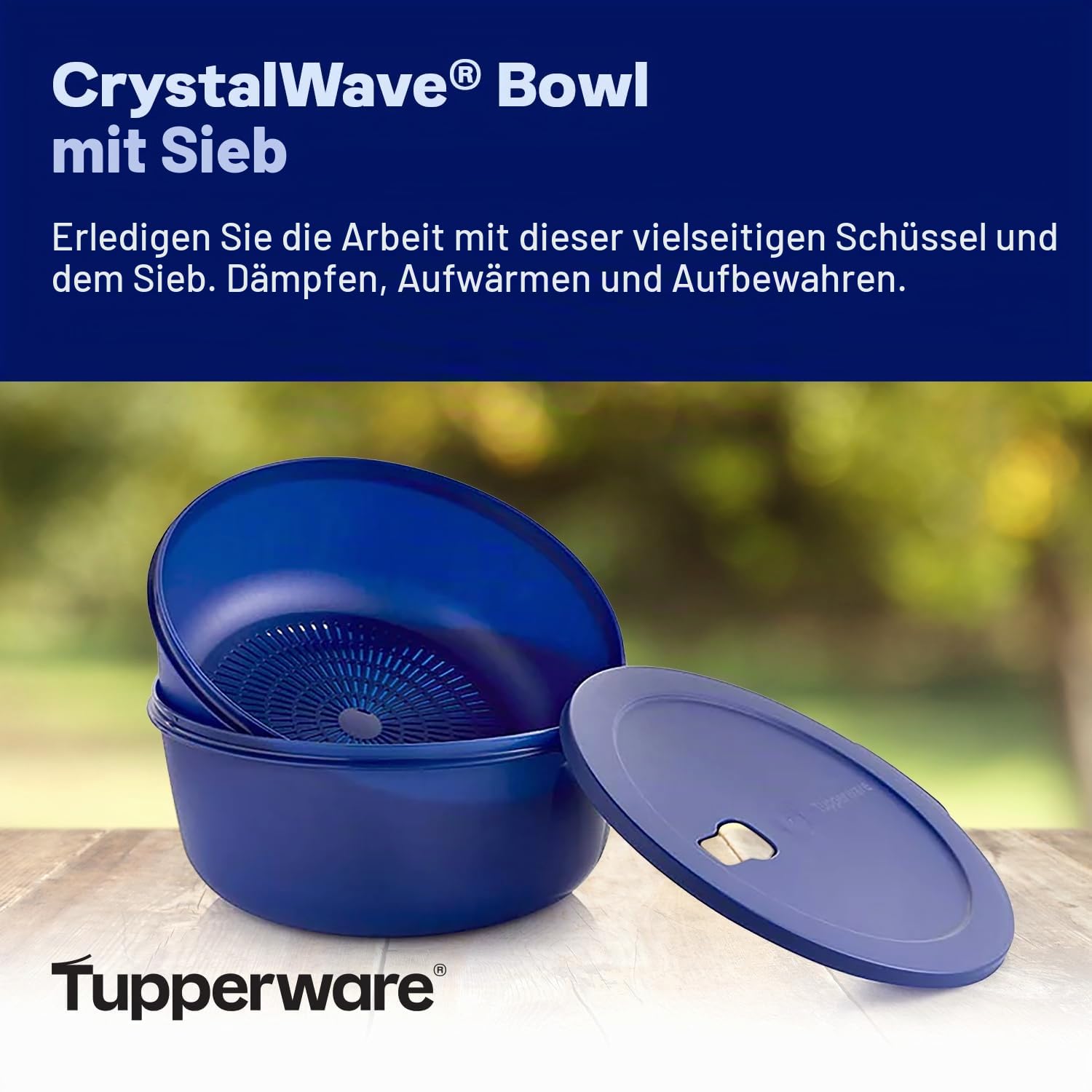 Tupperware Store Serve & Go CrystalWave Schüssel mit Sieb und Entlüftung, zum Vorbereiten, Kühlschrank und Aufwärmen von Mahlzeiten, spülmaschinen- und mikrowellengeeignet, BPA-frei (3,8 l / 16